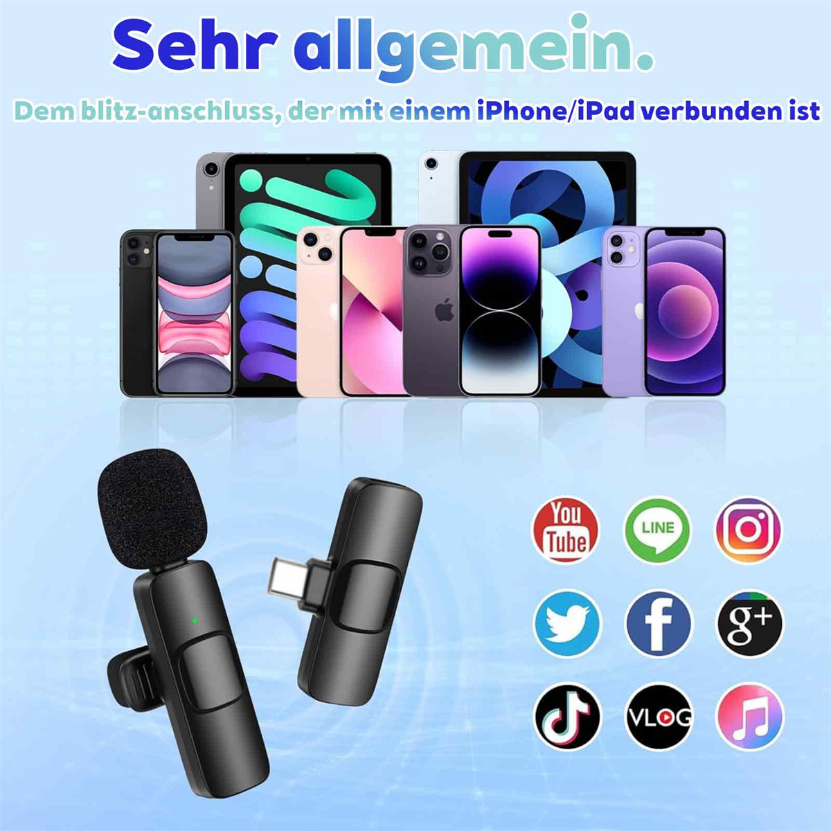 Verschiedene Smartphones und Tablets mit Social-Media-Symbolen und einem Mikrofon.
