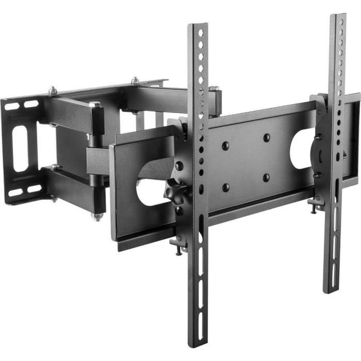 Schwarze TV-Wandhalterung, voll beweglich, mit Montagehalterungen und einem komplexen Scharniersystem.