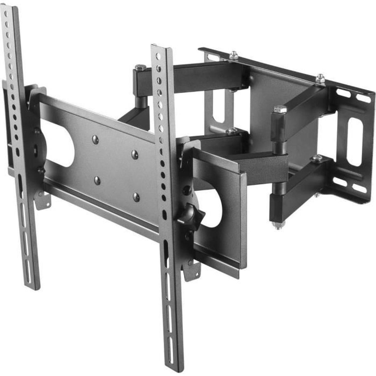Eine schwarze und silberne TV-Wandhalterung. Es hat mehrere Gelenke und Montageplatten.