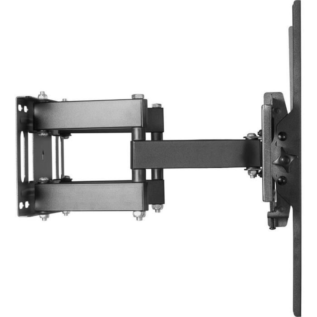 Eine schwarze TV-Halterung mit beweglichen Armen. Sie ist an einer Wand montiert und hat eine Seitenansicht.