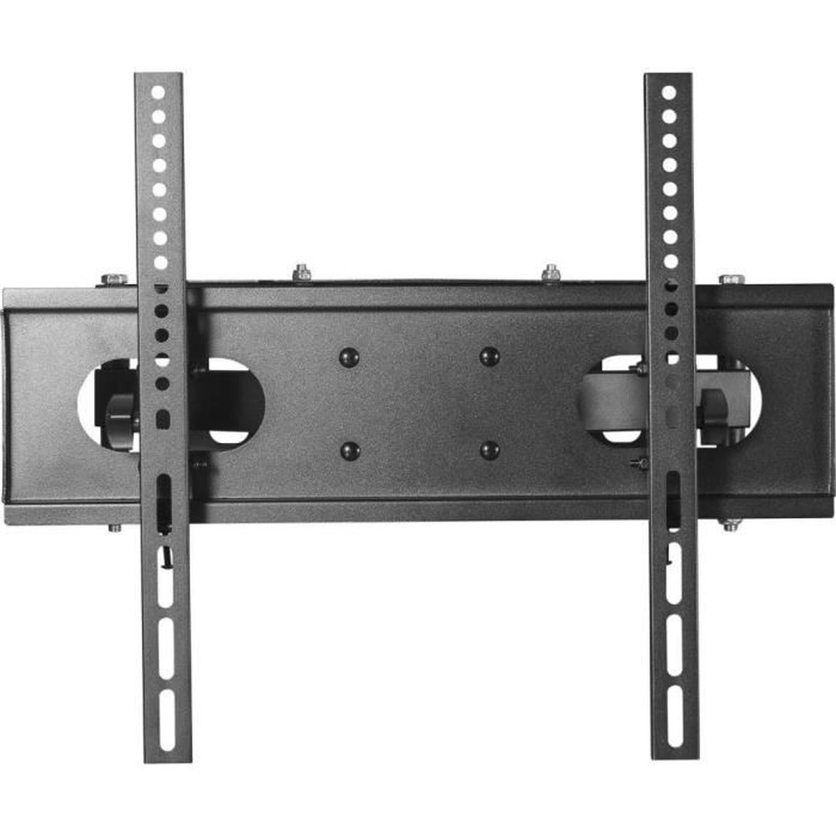 Eine schwarze TV-Wandhalterung mit zwei vertikalen Montageschienen.