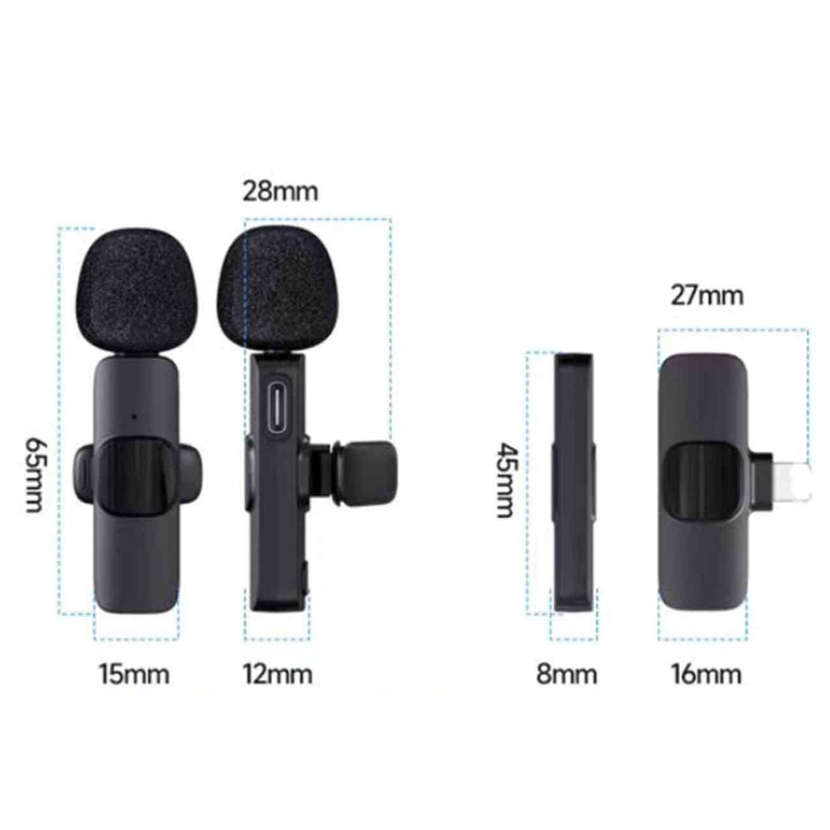 Zwei kabellose Mikrofone mit Abmessungen: 65 mm Höhe, 15 mm und 12 mm Breite. Adapter für Ladeanschluss.
