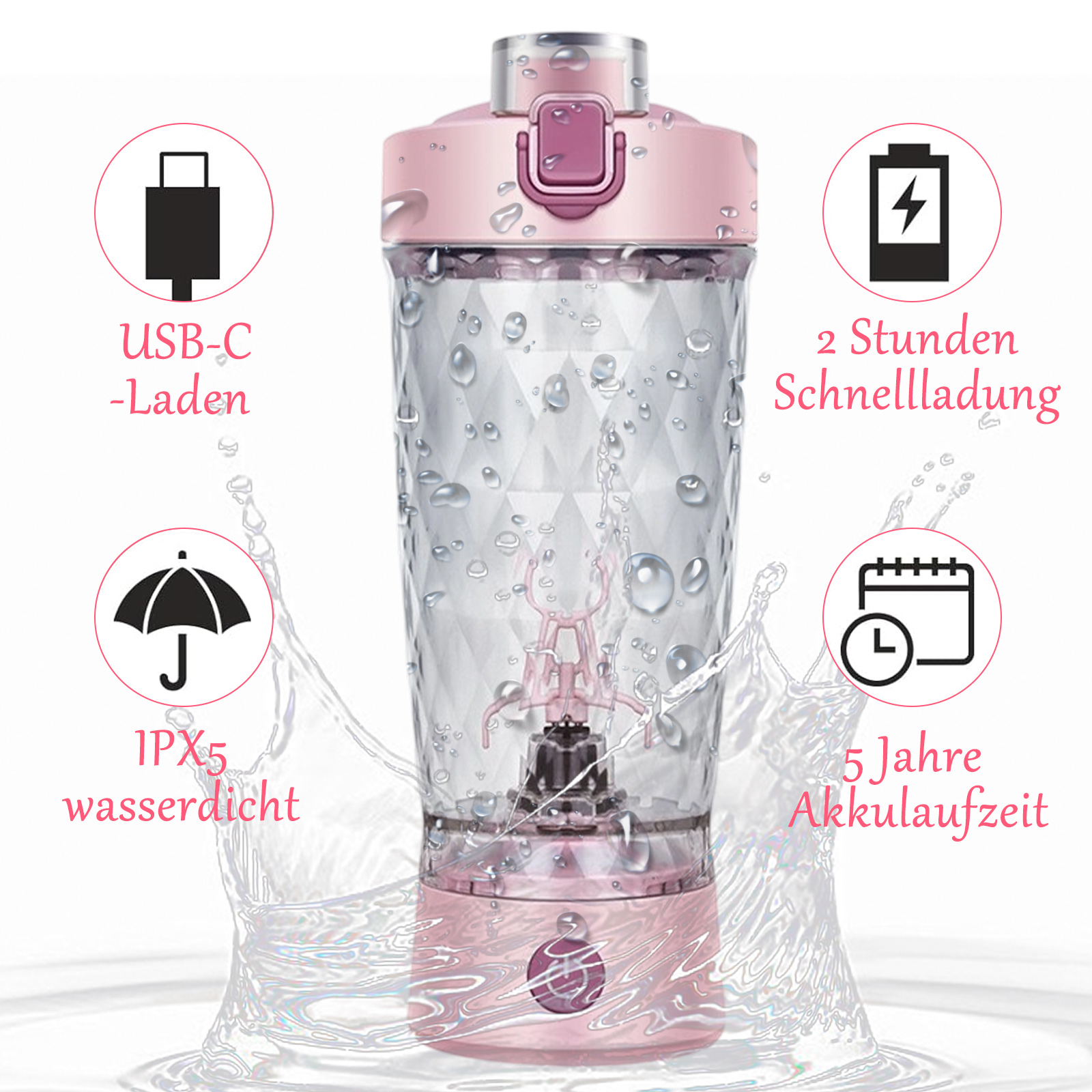 Rosa Mixer mit Diamantmuster, Wasserspritzer, USB-C-Laden, 2 Stunden Schnellladung, 5 Jahre Akku.