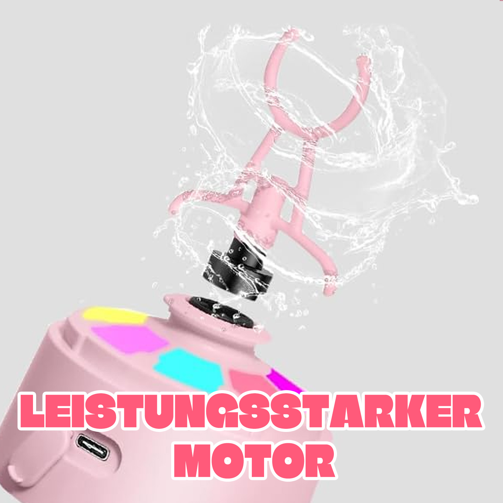 Ein rosa Gerät mit einem Aufsatz, der Wasser sprüht, mit dem Text 'Leistungsstarker Motor'.