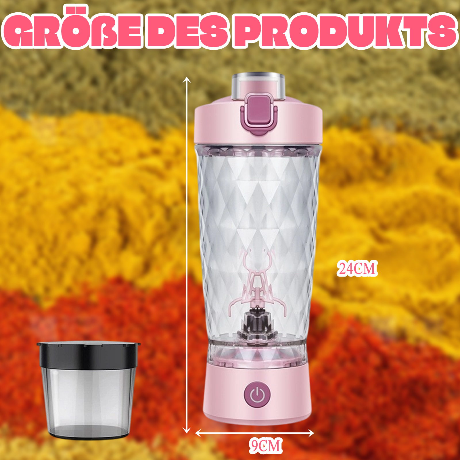 Rosa Mixer mit separatem schwarzen Behälter. Maße: 24 cm hoch, 9 cm breit. Hintergrund: bunte Gewürzmischung.