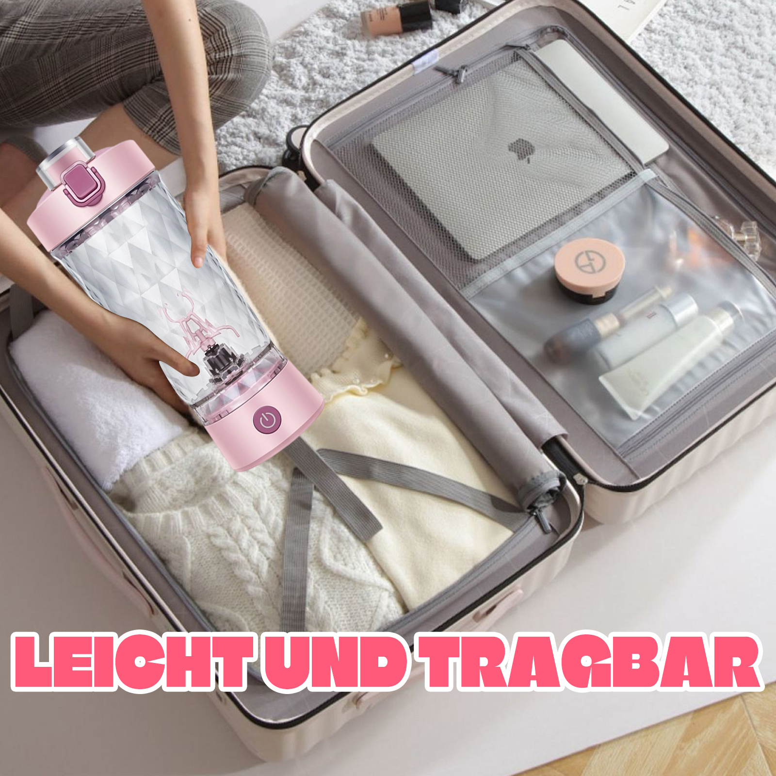 Eine Person hält einen rosa Mixer in einem Koffer. Text-Overlay sagt: LEICHT UND TRAGBAR.