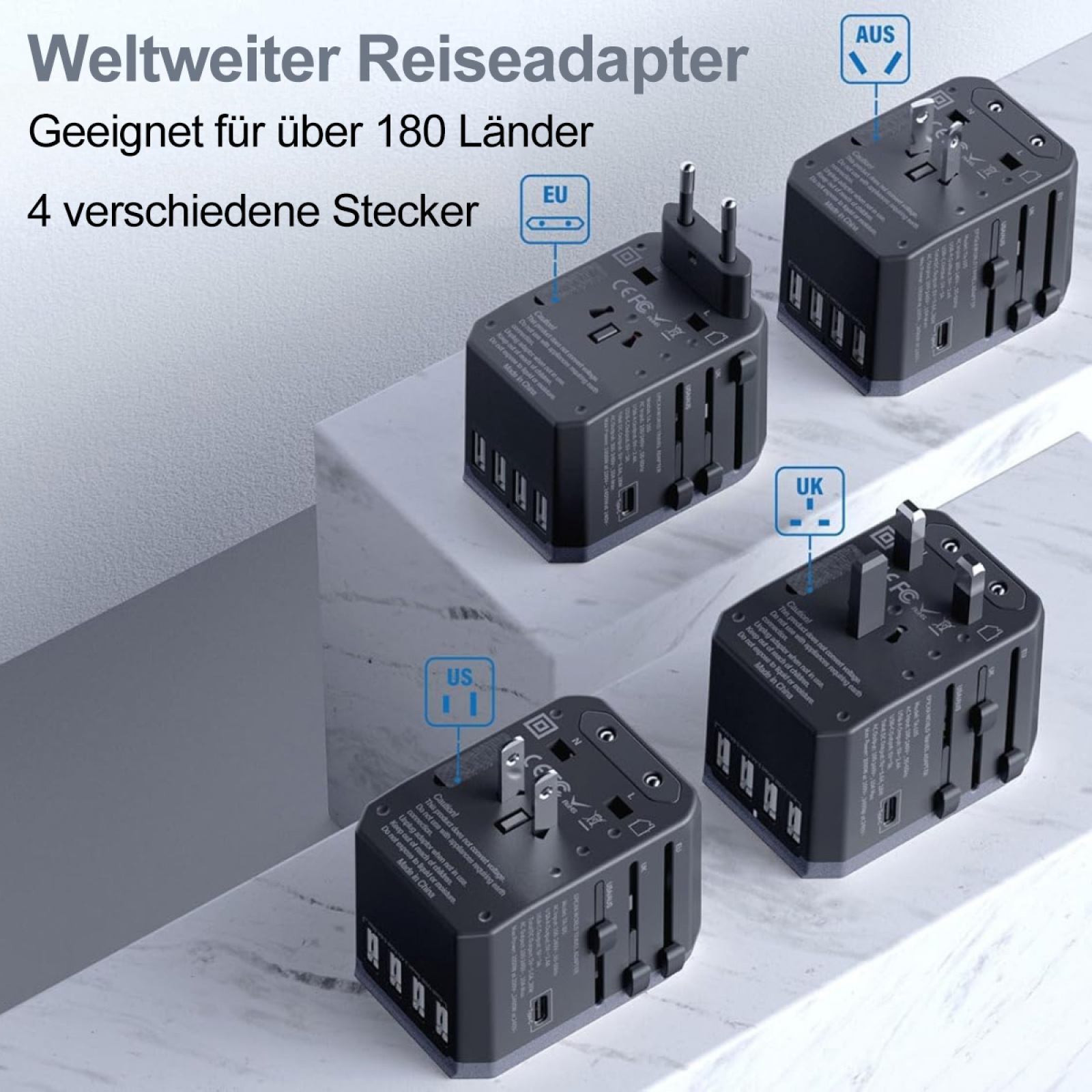 Vier Weltreiseadapter mit verschiedenen Steckertypen und Ländermarkierungen. Text sagt: Für über 180 Länder.