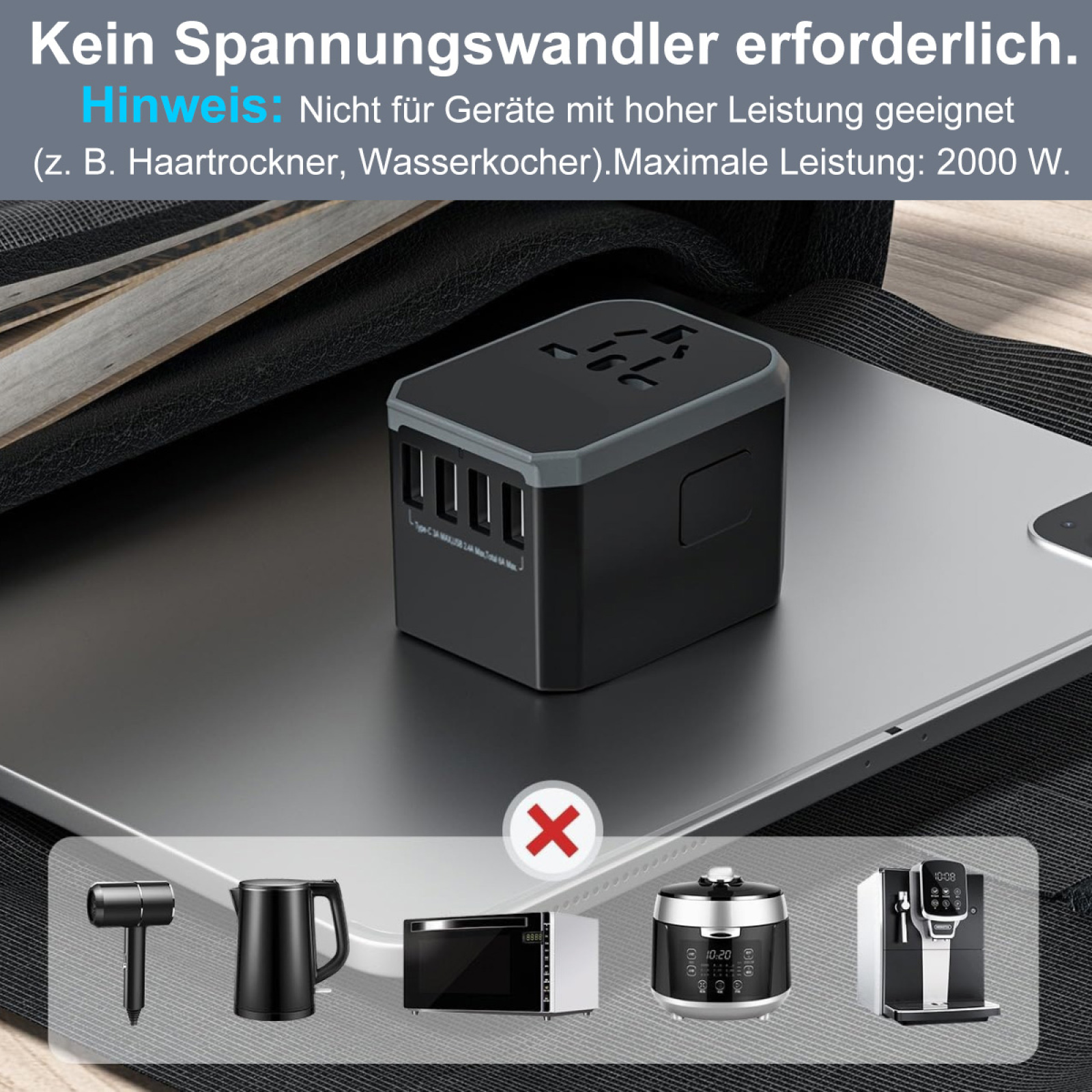 Schwarzer Adapter auf einem silbernen Laptop. Text weist darauf hin, dass es nicht für Hochleistungsgeräte geeignet ist.