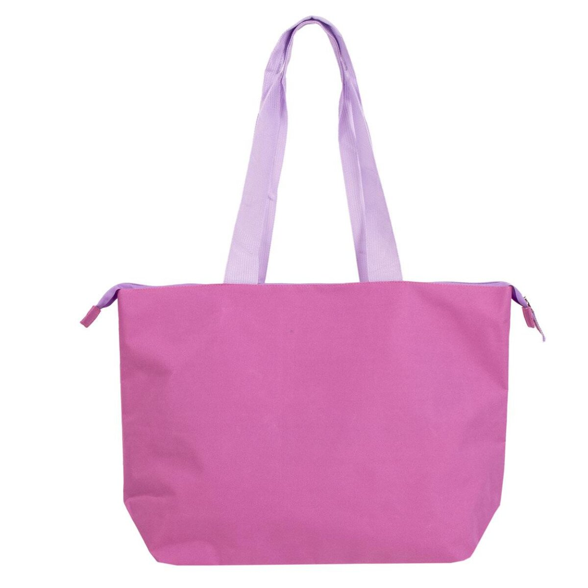 Una bolsa de mano rosa con asas moradas y una cremallera morada. Es un diseño simple.