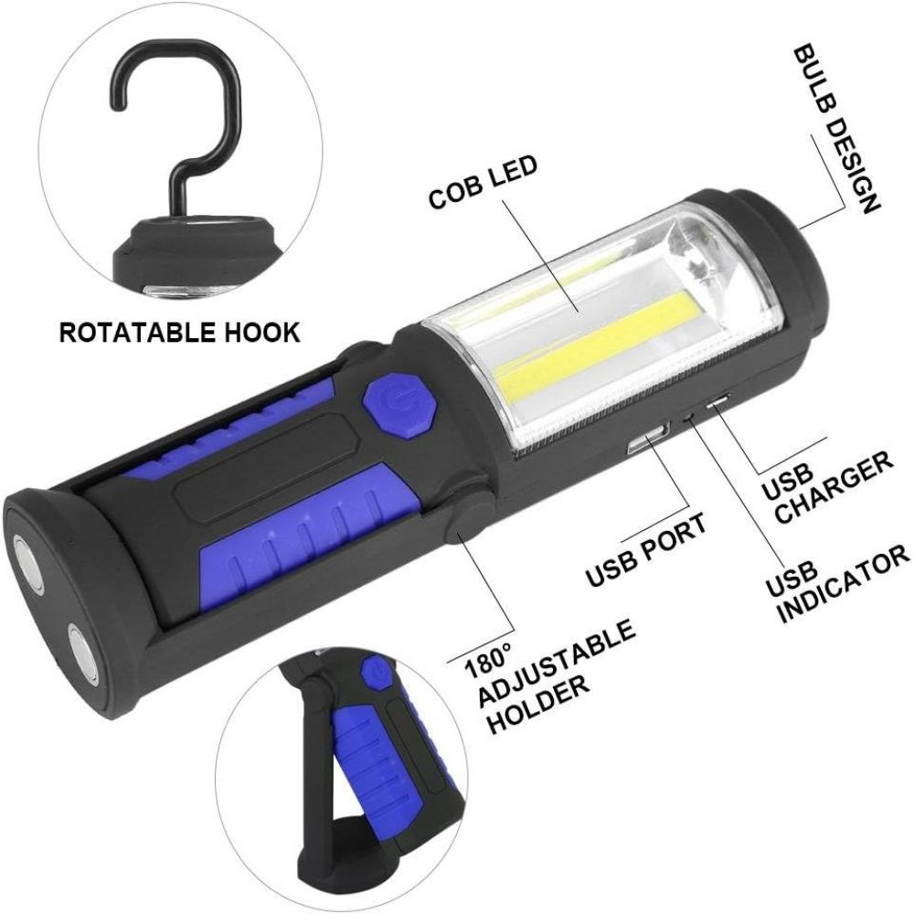 Eine schwarz-blaue Arbeitsleuchte mit Haken, LED, USB-Anschluss und verstellbarem Halter. Etiketten weisen auf ihre Funktionen hin.