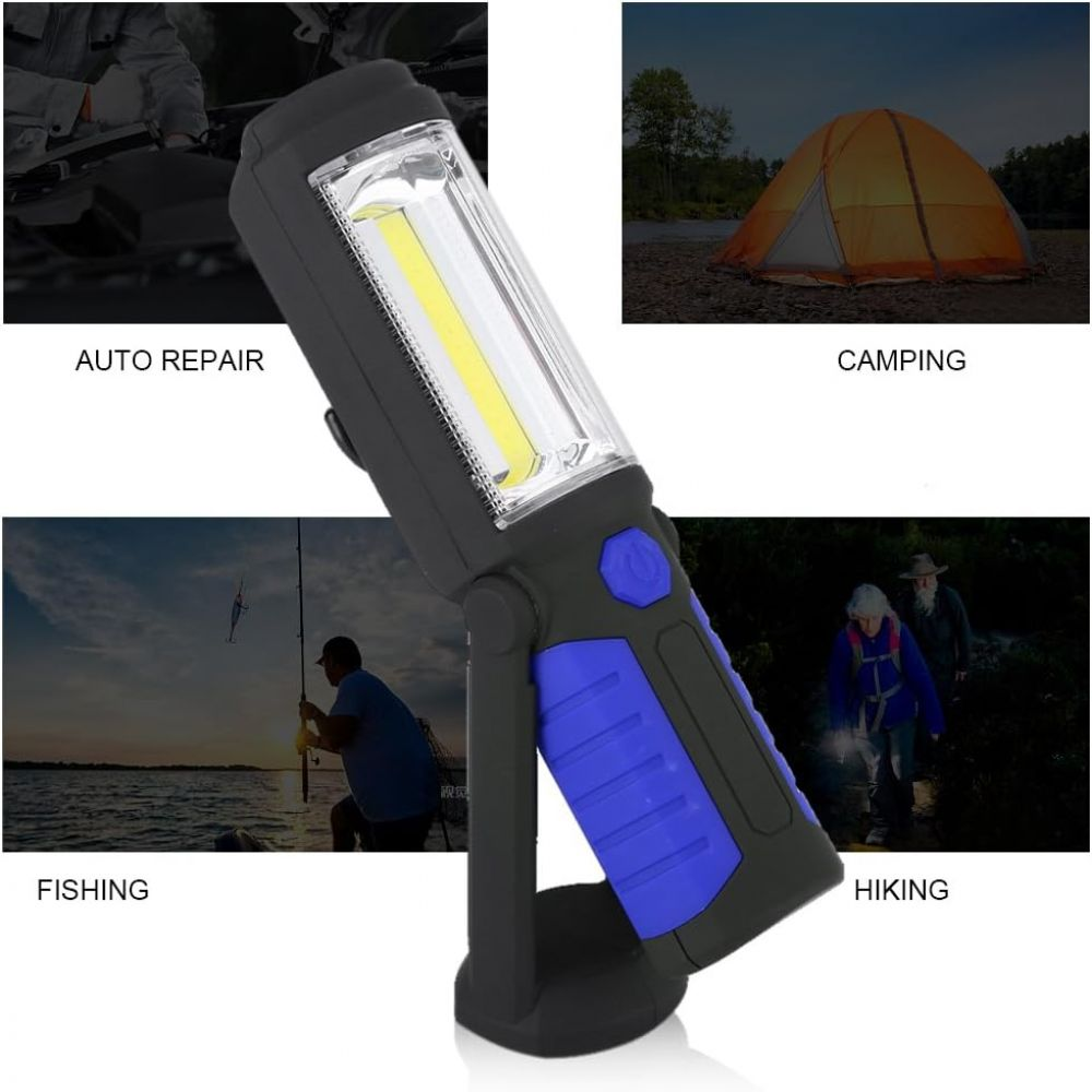 Eine schwarz-blaue Arbeitsleuchte mit Haken und verstellbarem Halter wird mit Bildern von Autoreparaturen und Outdoor-Aktivitäten gezeigt.
