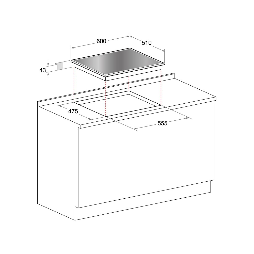 Schema di un piano cottura con dimensioni. Il piano cottura è mostrato sopra un ritaglio in un piano di lavoro. Le dimensioni sono in millimetri.