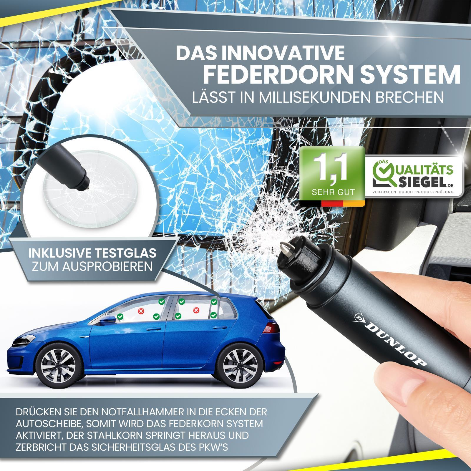 Autoglas-Werkzeug und ein blaues Auto. Text: DAS INNOVATIVE FEDERDORN SYSTEM LÄSST IN MILLISEKUNDEN BRECHEN.