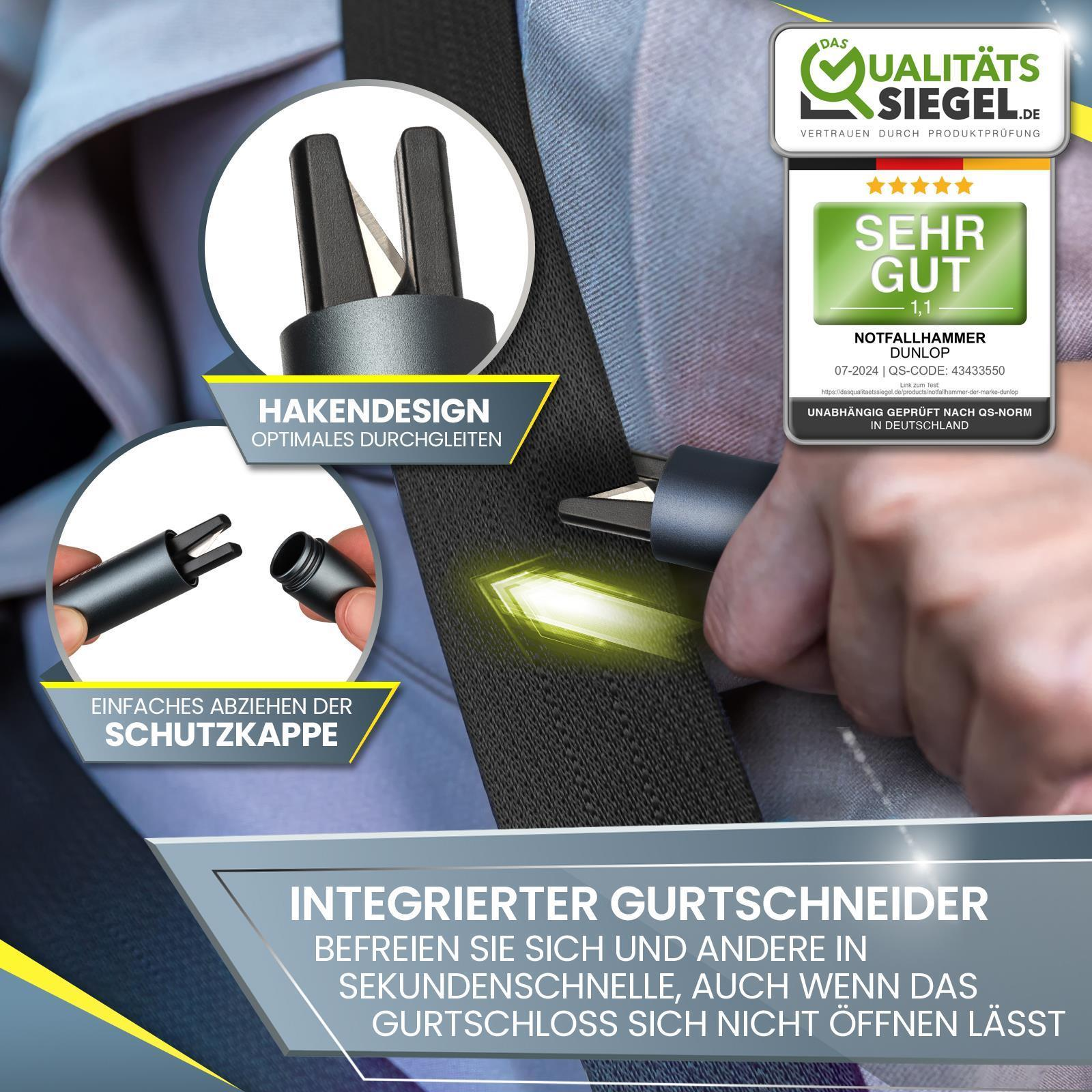 Ein Fahrzeug-Sicherheitstool mit Gurtschneider und Glasbrecher, mit Textbeschriftungen.