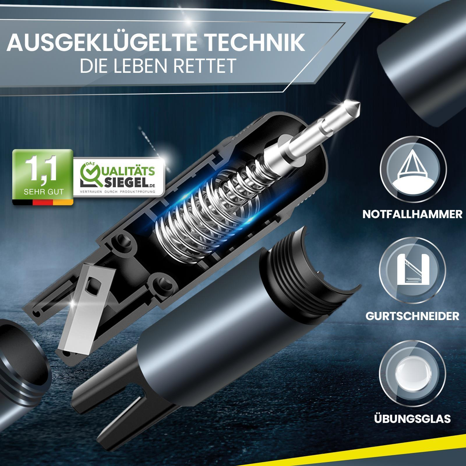 Schnittzeichnung eines Notfallwerkzeugs mit Feder, Schneider und Glasbrecher.