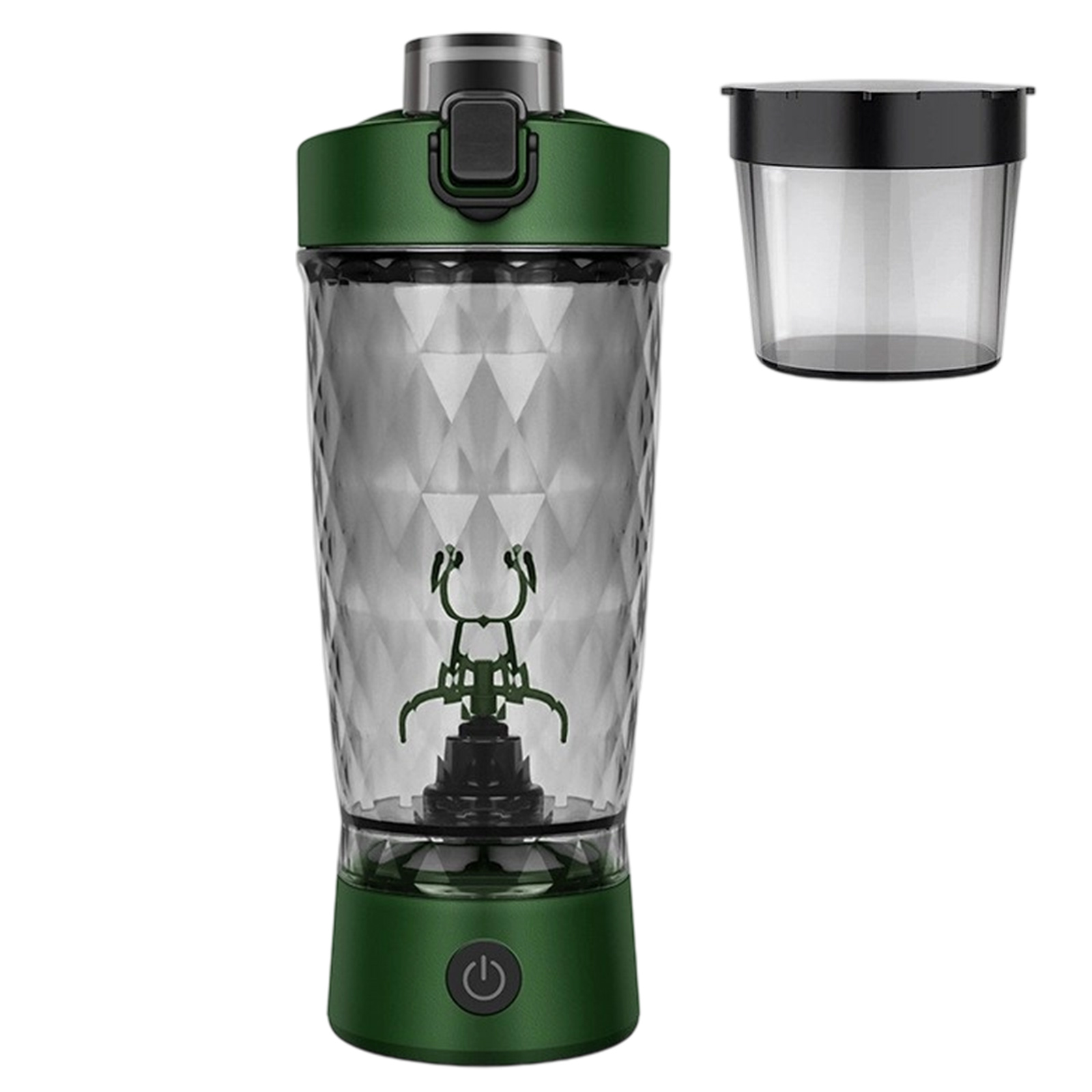 Grüne und transparente Shaker-Flasche mit Knopf und grünem Boden.