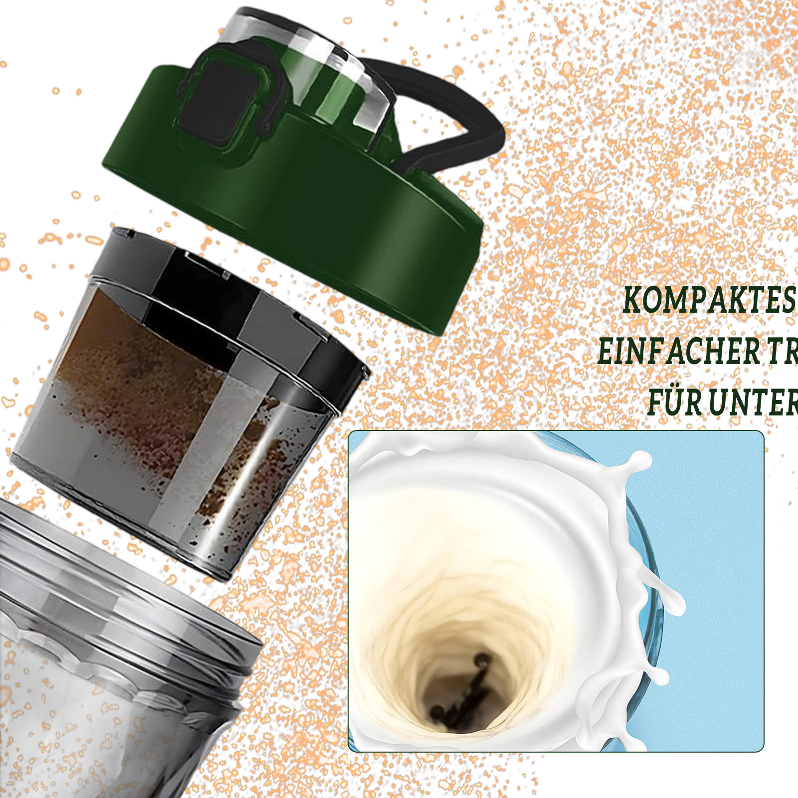 Drei Teile einer Shakerflasche: Deckel, transparenter Becher und Flüssigkeit mit Schaum.