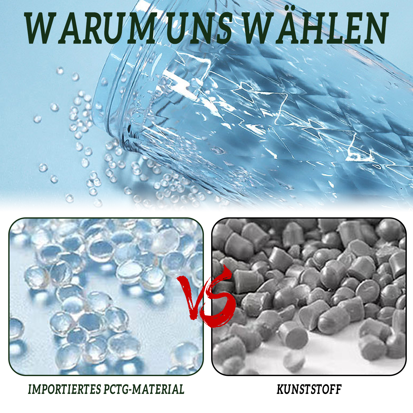 Zwei Bilder: klares Material vs. graues Kunststoffmaterial mit weißen Kügelchen.