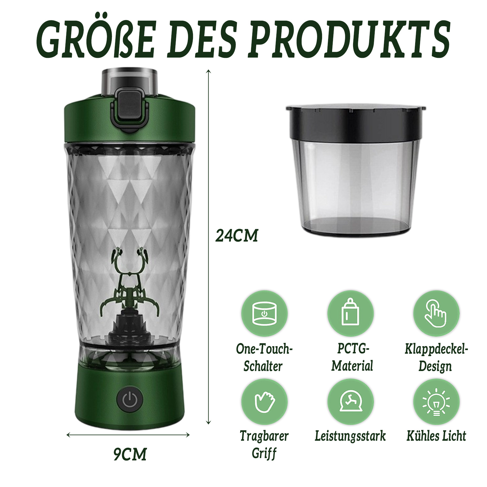 Grüne Shaker-Flasche mit Maßen und Funktionen: One-Touch-Schalter, PCTG-Material.