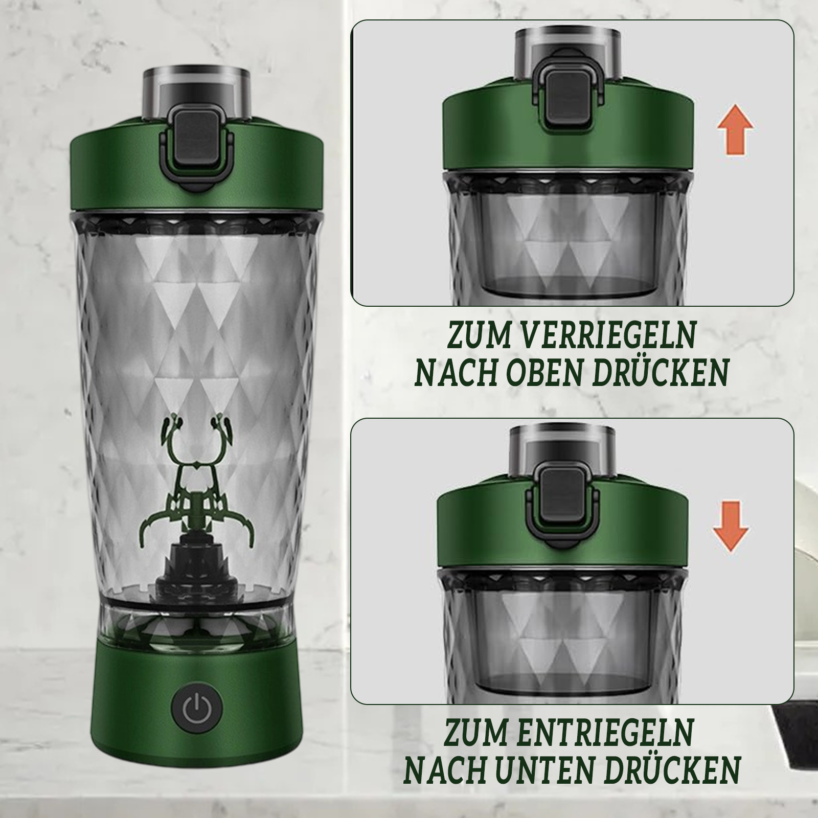 Eine grüne und transparente Shaker-Flasche mit Text. Sie zeigt, wie man den Deckel verriegelt und entriegelt.