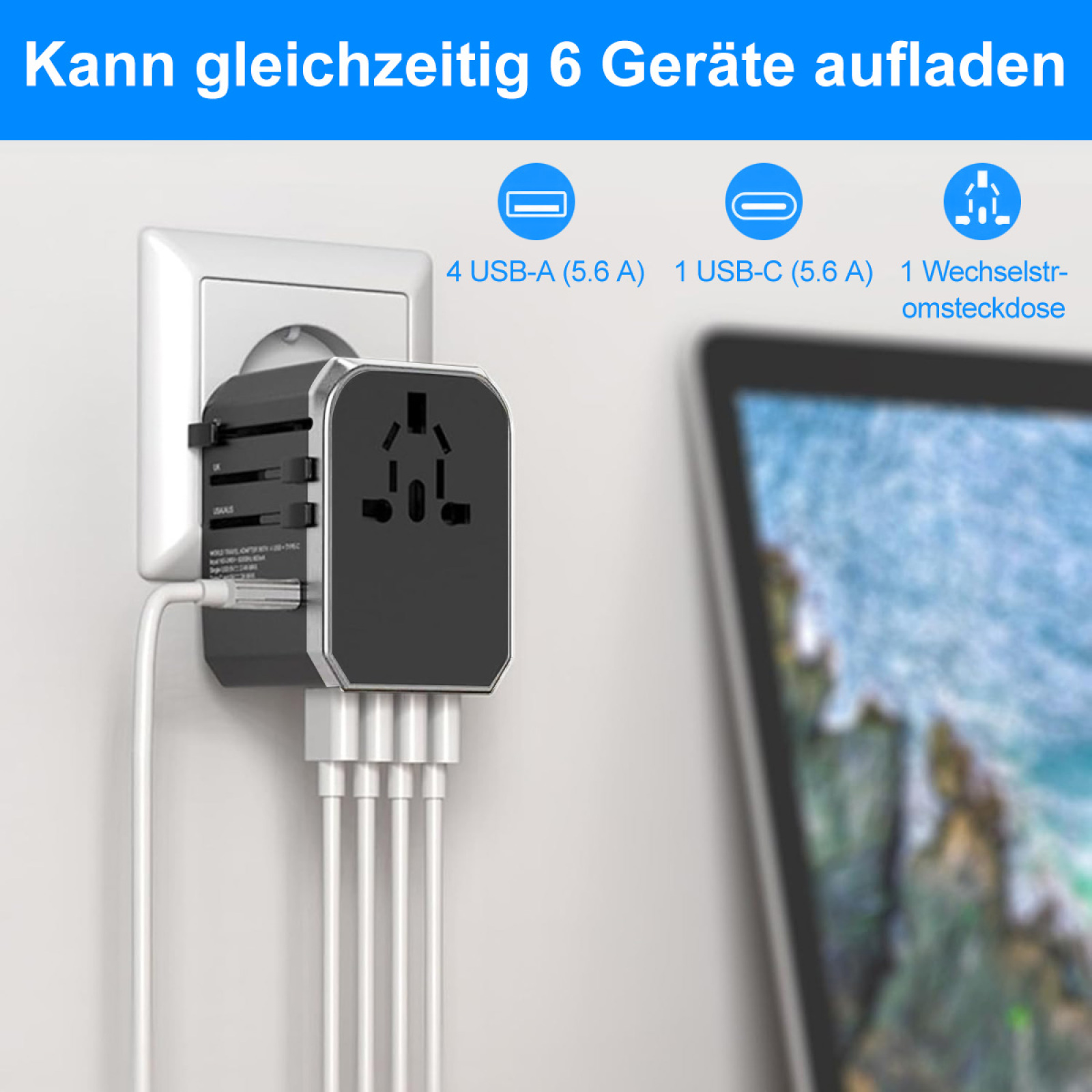 Ein Reiseadapter mit mehreren Anschlüssen, der in eine Steckdose gesteckt ist. Verschiedene Geräte sind angeschlossen und zeigen ihre Bildschirme.
