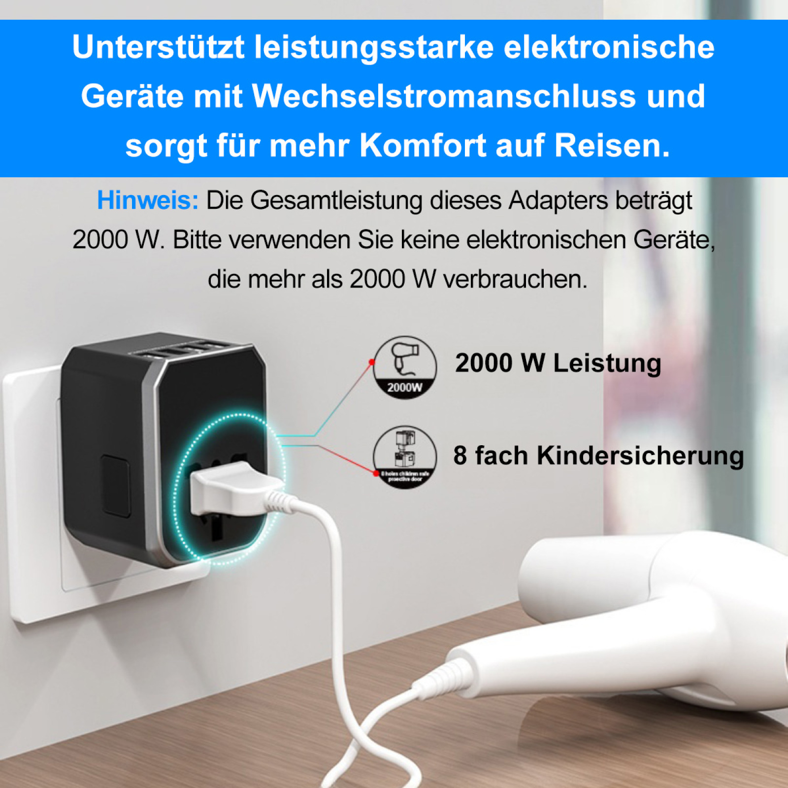 Ein schwarzer Reiseadapter in einer Steckdose, mit weißem Kabel und einem Fön. Text ist vorhanden.