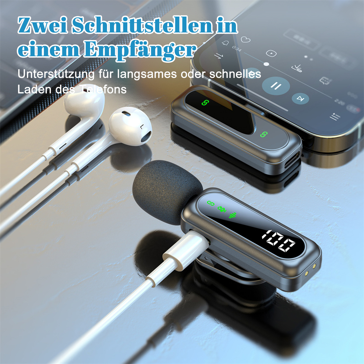 Zwei drahtlose Ohrhörer, verbunden mit einem schwarzen Empfänger mit Display, auf einem Telefon liegend.