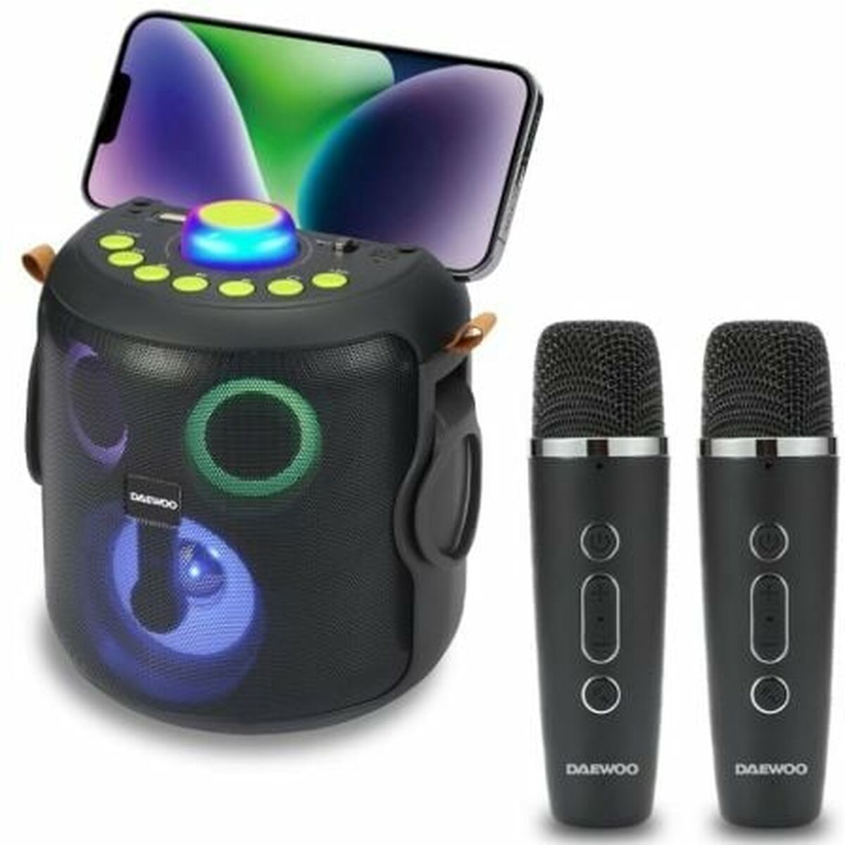 Un altoparlante nero con un telefono sopra e due microfoni. L'altoparlante si illumina.