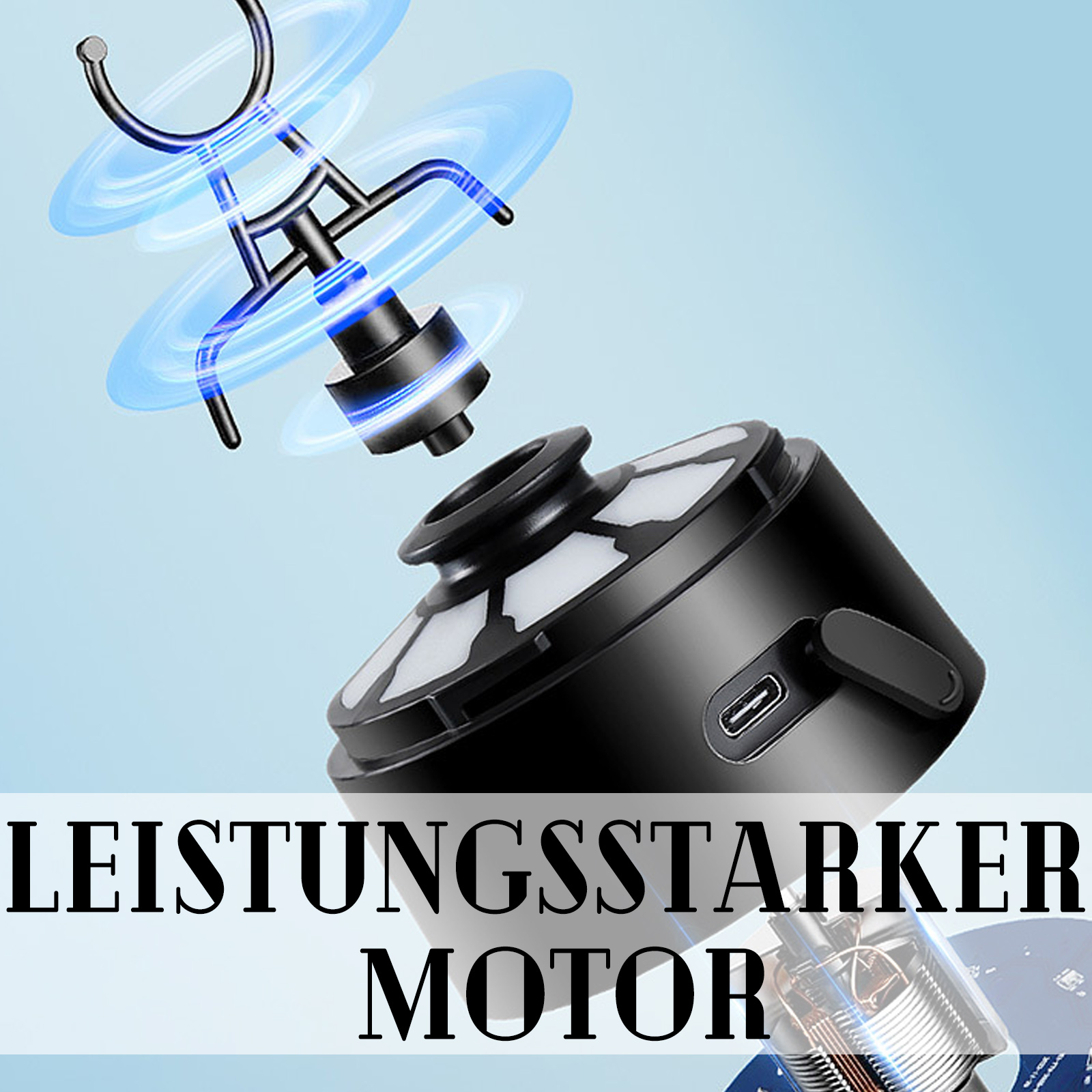 Bild zeigt ein Produkt mit starkem Motor und internen Komponenten vor blauem Hintergrund.