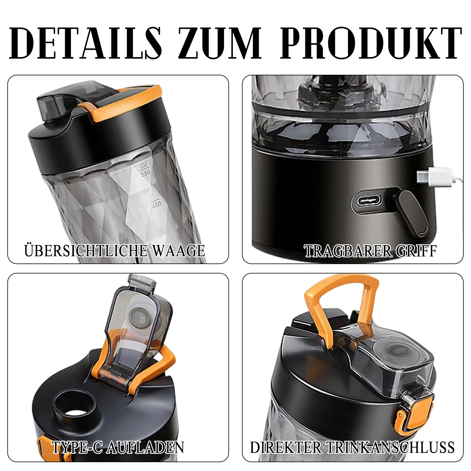 Details einer Wasserflasche: Skala, Griff, Ladeanschluss und Trinkausguss. Schwarzer Körper mit orangefarbenen Akzenten.