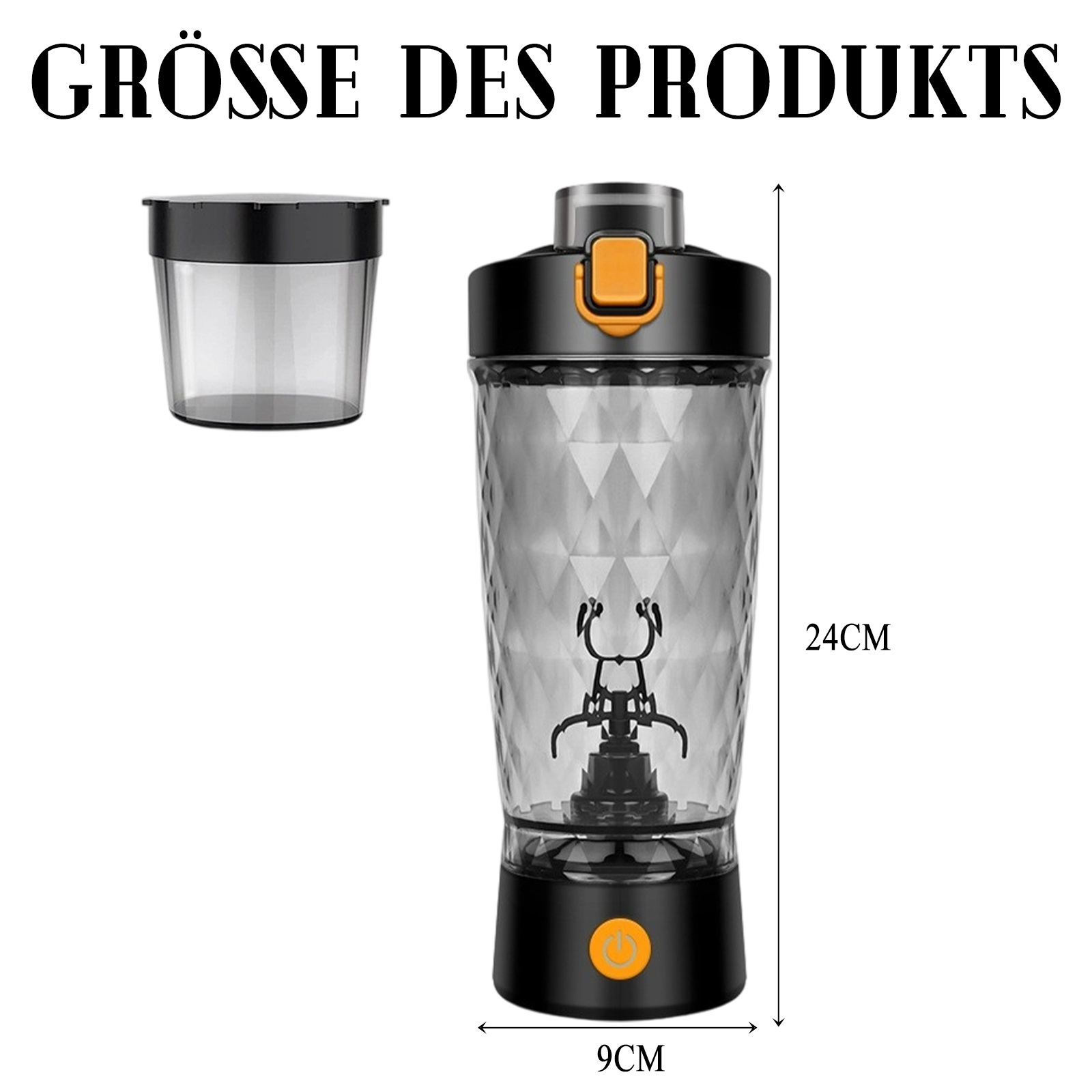 Ein Produkt mit transparentem Behälter und schwarzem Sockel, zeigt Abmessungen und einen orangefarbenen Knopf.