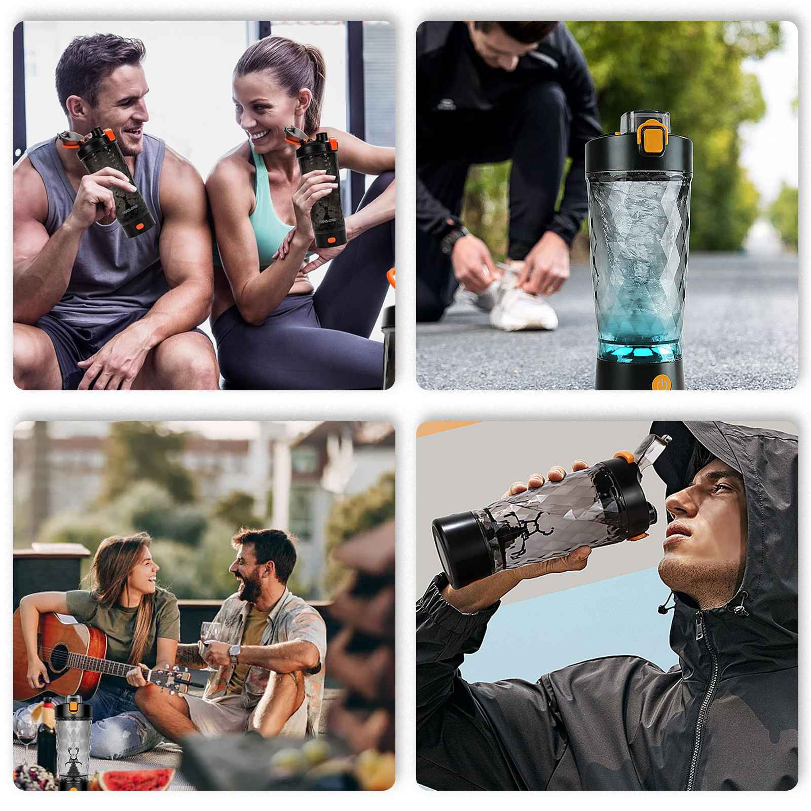 Vier Bilder, die einen Shaker-Becher in verschiedenen Umgebungen zeigen: mit Freunden, beim Training, draußen.