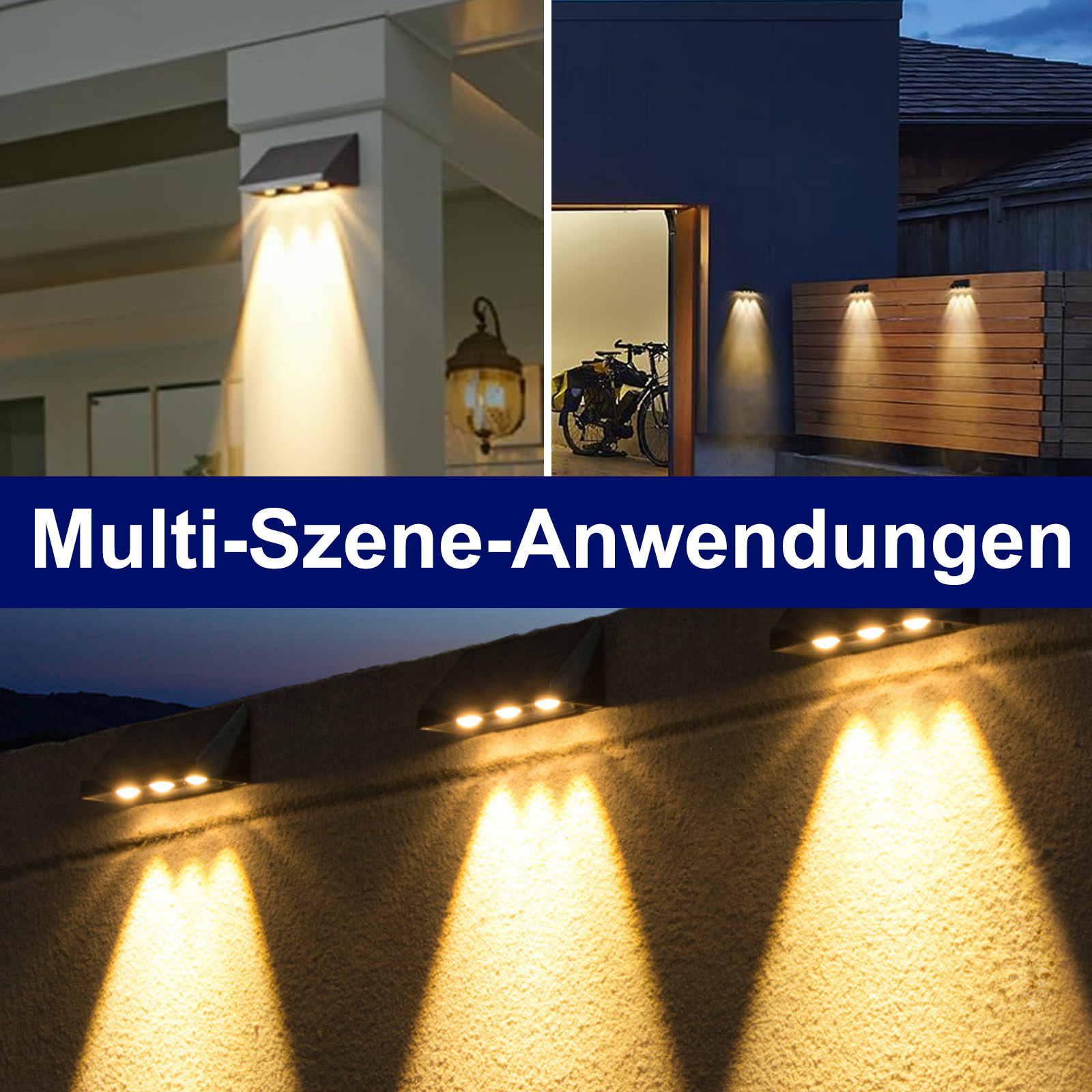 Bild, das Solarleuchten an verschiedenen Orten zeigt, mit dem Text „Multi-Szene-Anwendungen“.