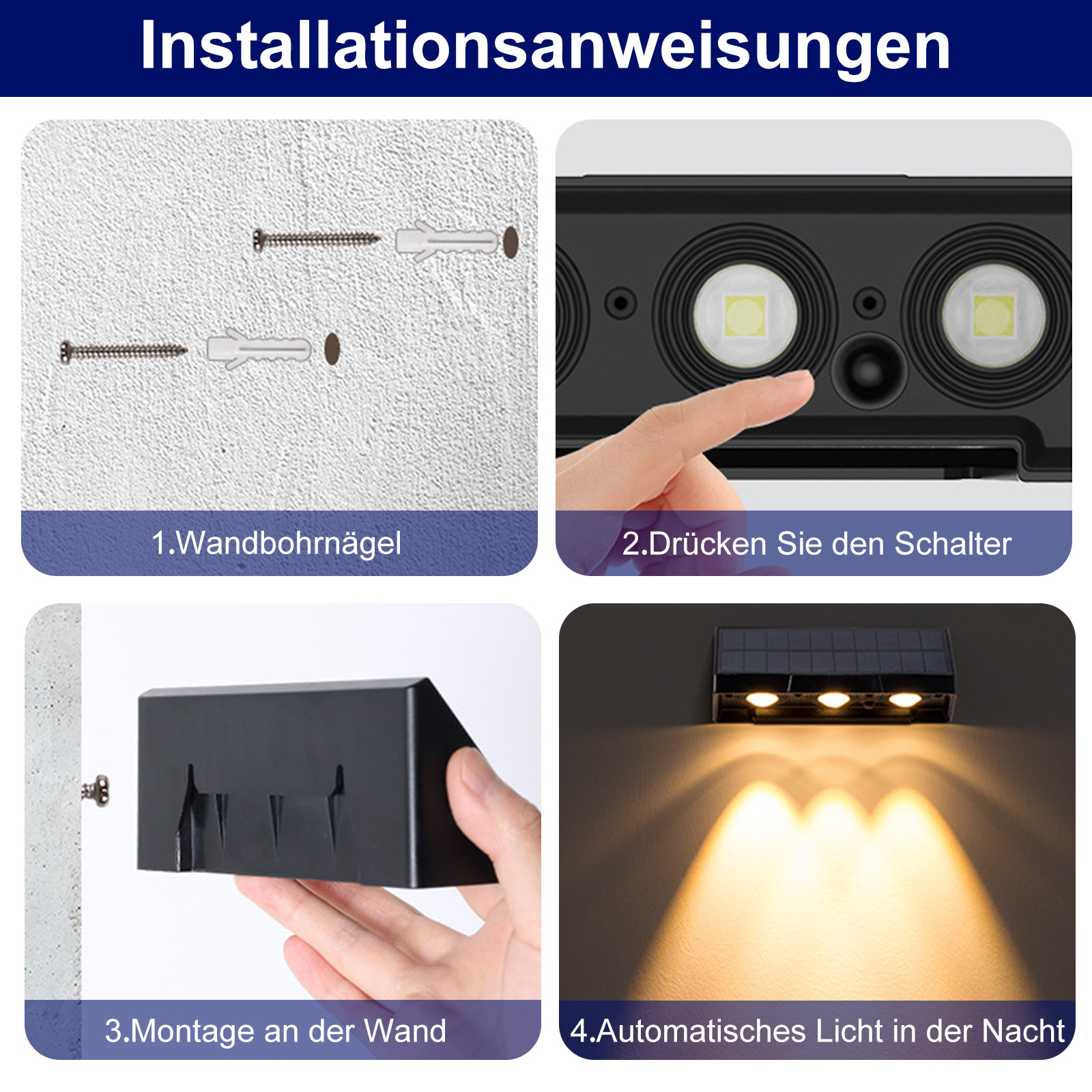Installationsanweisungen: Schrauben und Wanddübel, Drücken eines Schalters, Montage eines Geräts und Automatisches Licht in der Nacht.