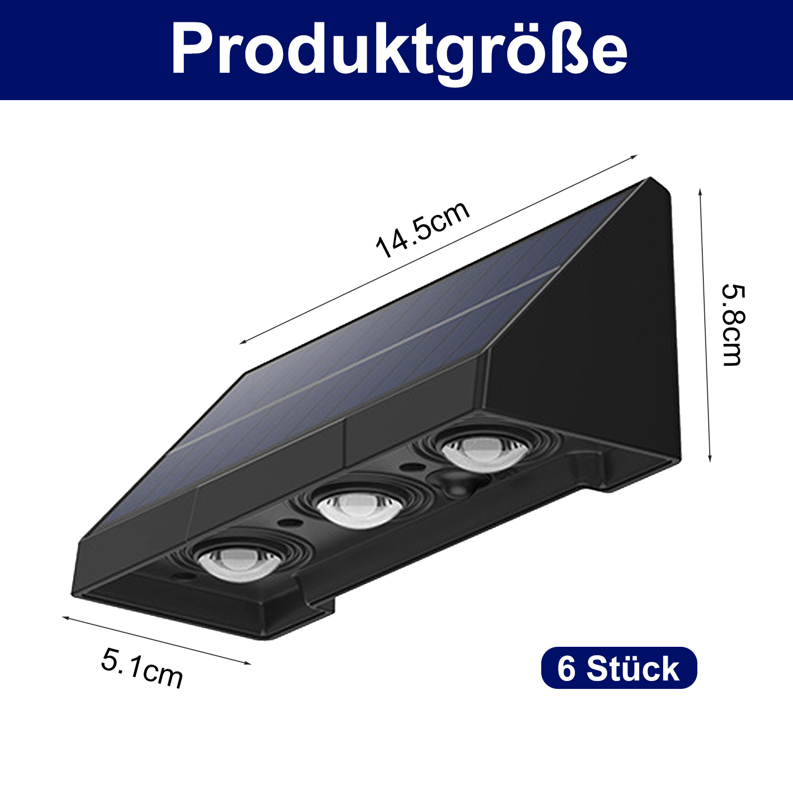Eine schwarze Solarleuchte mit Abmessungen und Text „6 Stück“, der die Produktmenge angibt.