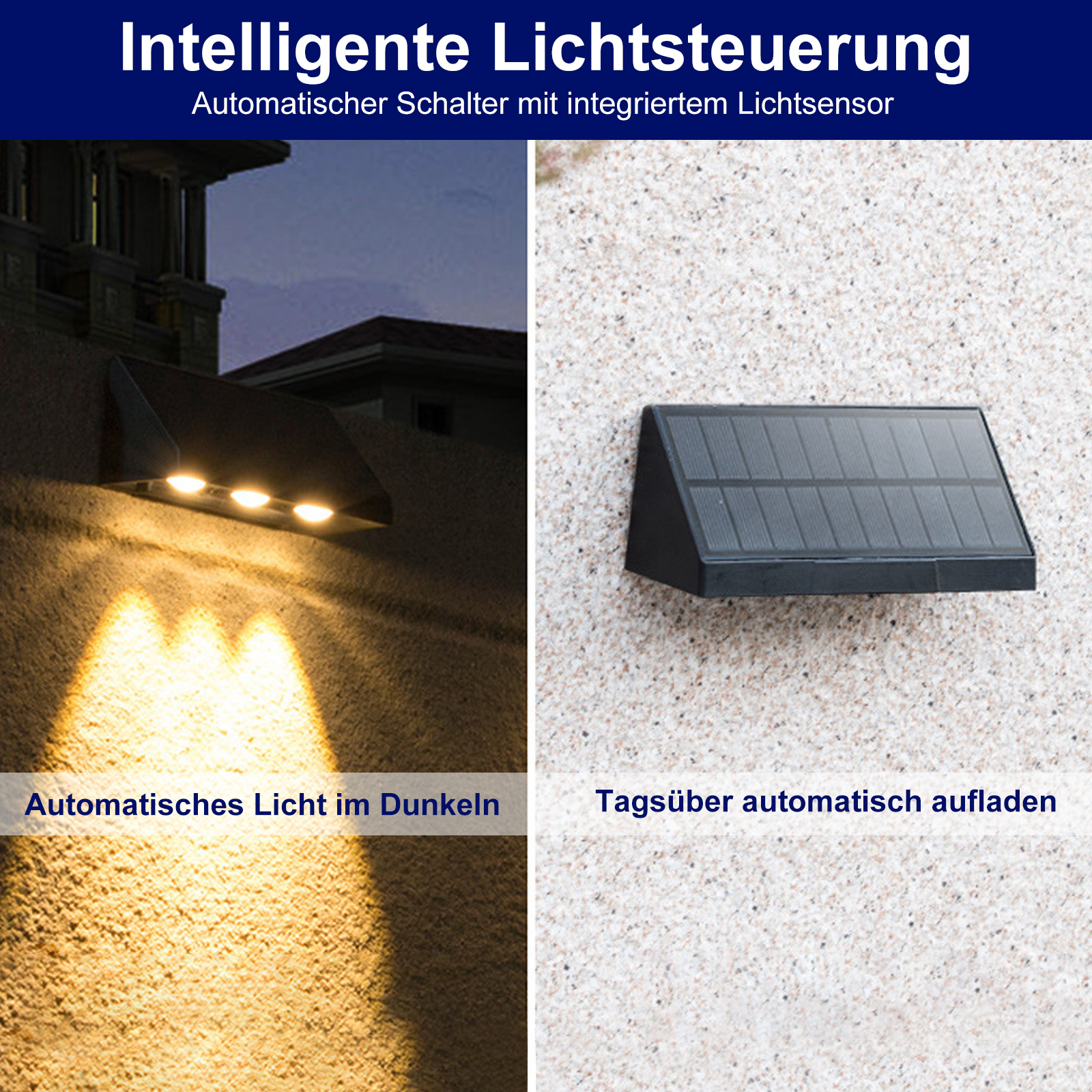 Zwei Bilder nebeneinander: Außenlicht an einer Wand und ein Solarpanel.