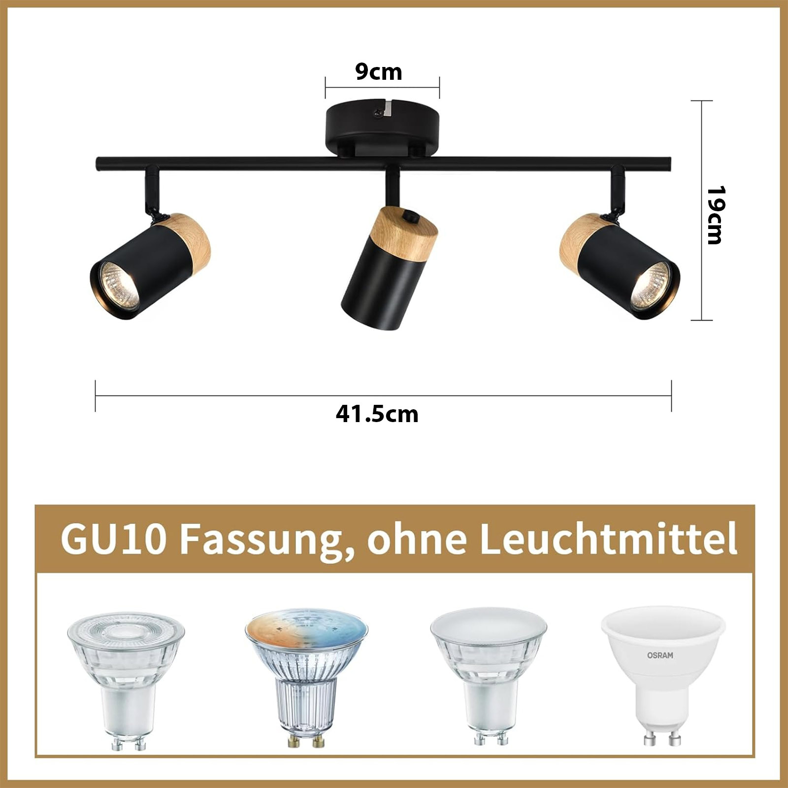 Faretti neri e color legno con dimensioni e testo "GU10 Fassung, ohne Leuchtmittel".