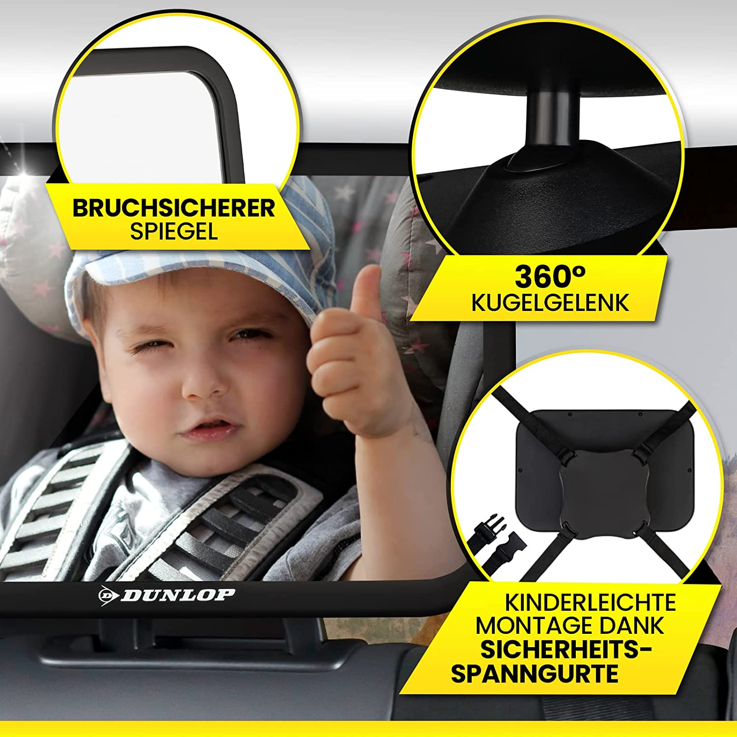 Ein Kind in einem Autositz gibt einen Daumen hoch. Es gibt Nahaufnahmen von Merkmalen eines Autospiegels. Text: 'KINDERLEICHTE MONTAGE DANK SICHERHEITS-SPANNGURTE'.