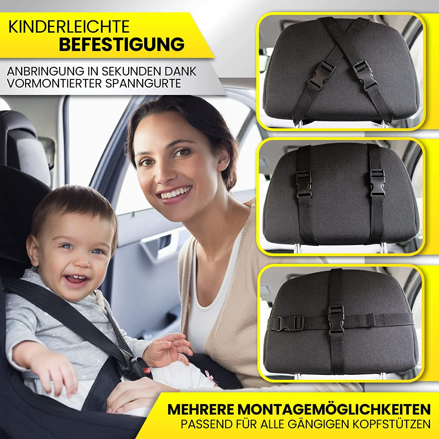 Eine Frau und ein Baby in einem Autositz, mit Nahaufnahmen der Kopfstützengurte und Text.