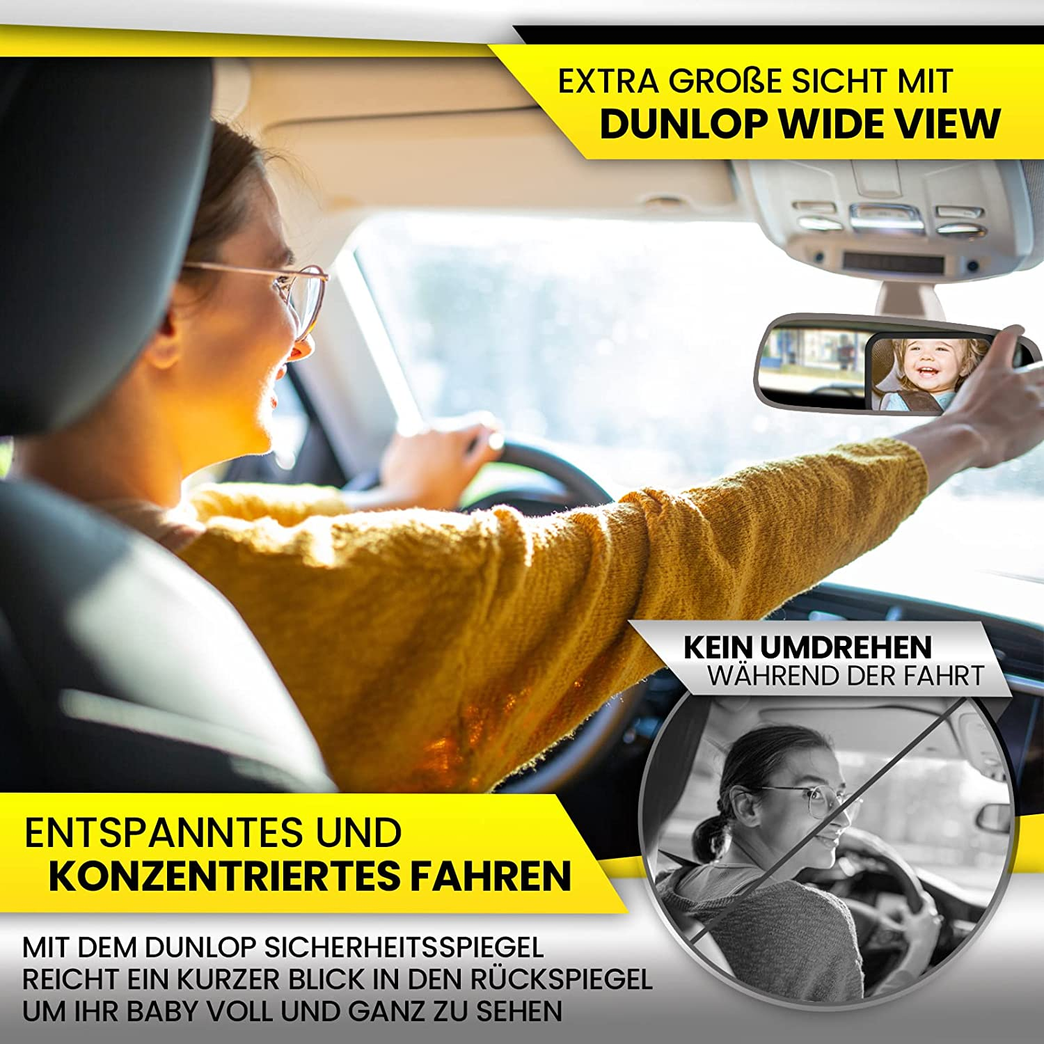 Eine Frau fährt Auto und blickt im Rückspiegel auf ein Baby, mit Sicherheitshinweisen.