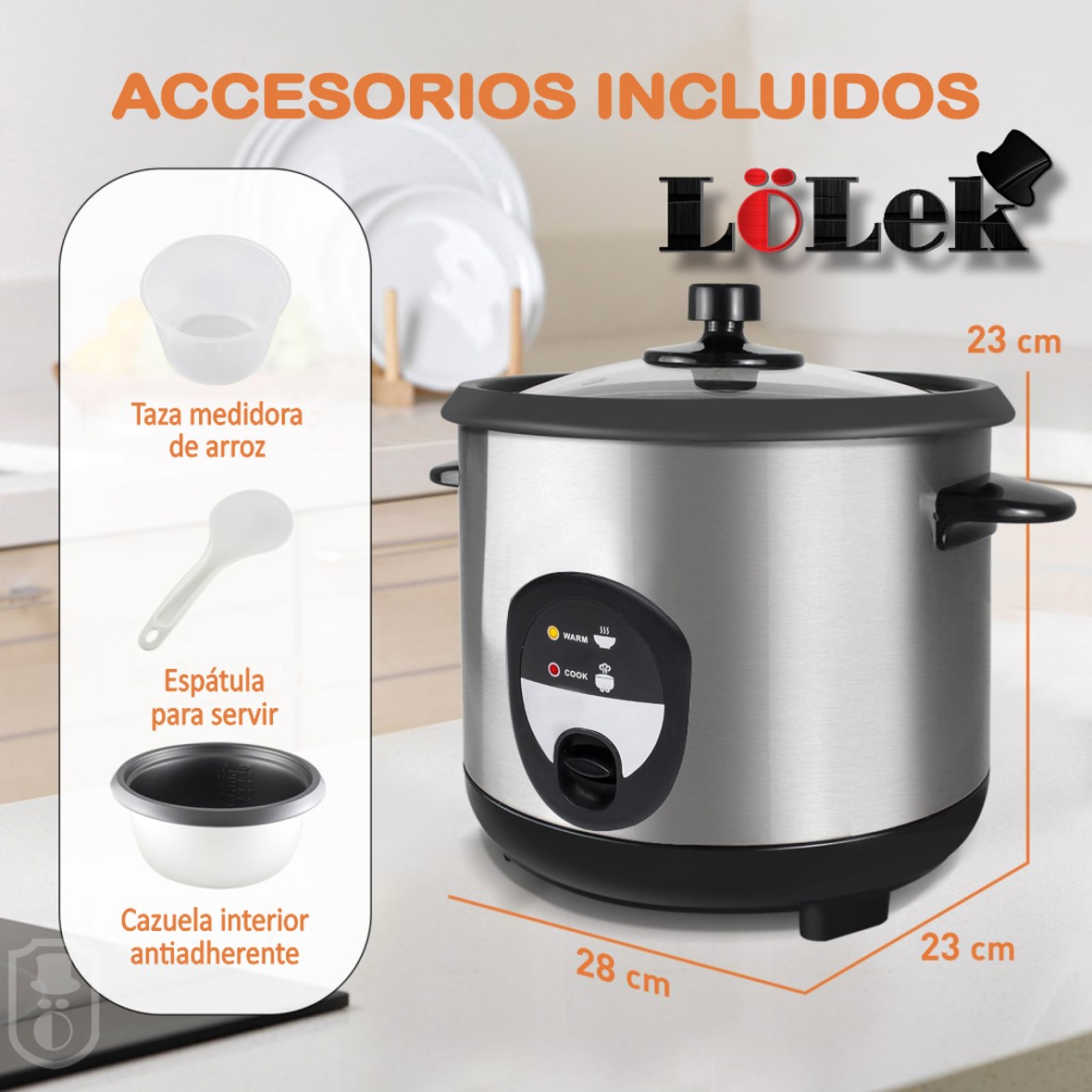 Una arrocera plateada con accesorios, incluyendo una taza medidora y espátula para servir.