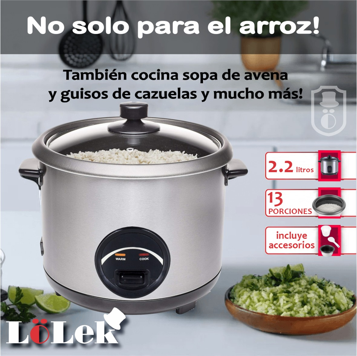 Olla arrocera plateada con tapa, texto superpuesto y muestras de alimentos.