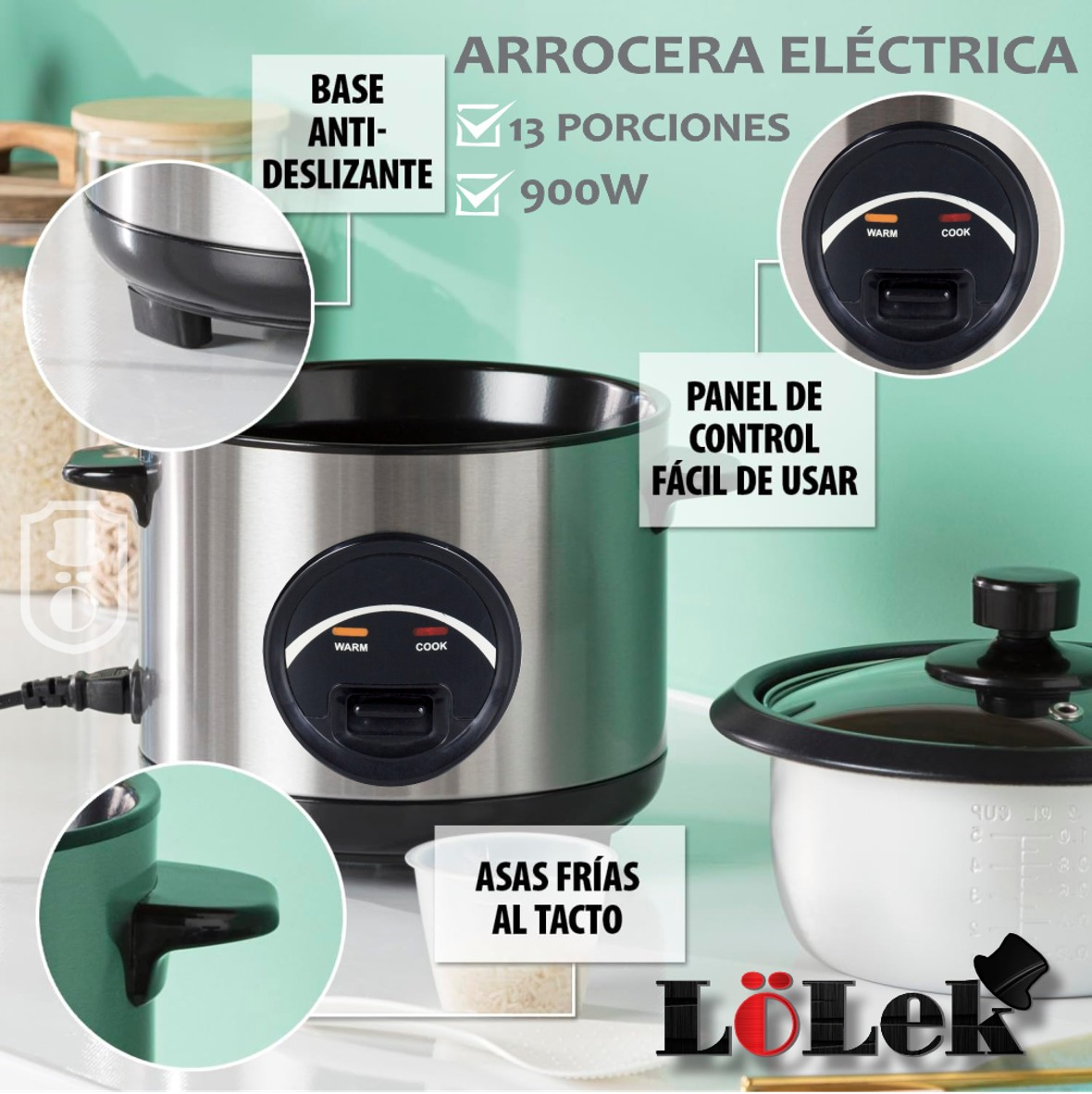 Una arrocera eléctrica con etiquetas de texto. Tiene un cuerpo plateado, un asa negra y una tapa negra con una parte superior de vidrio.