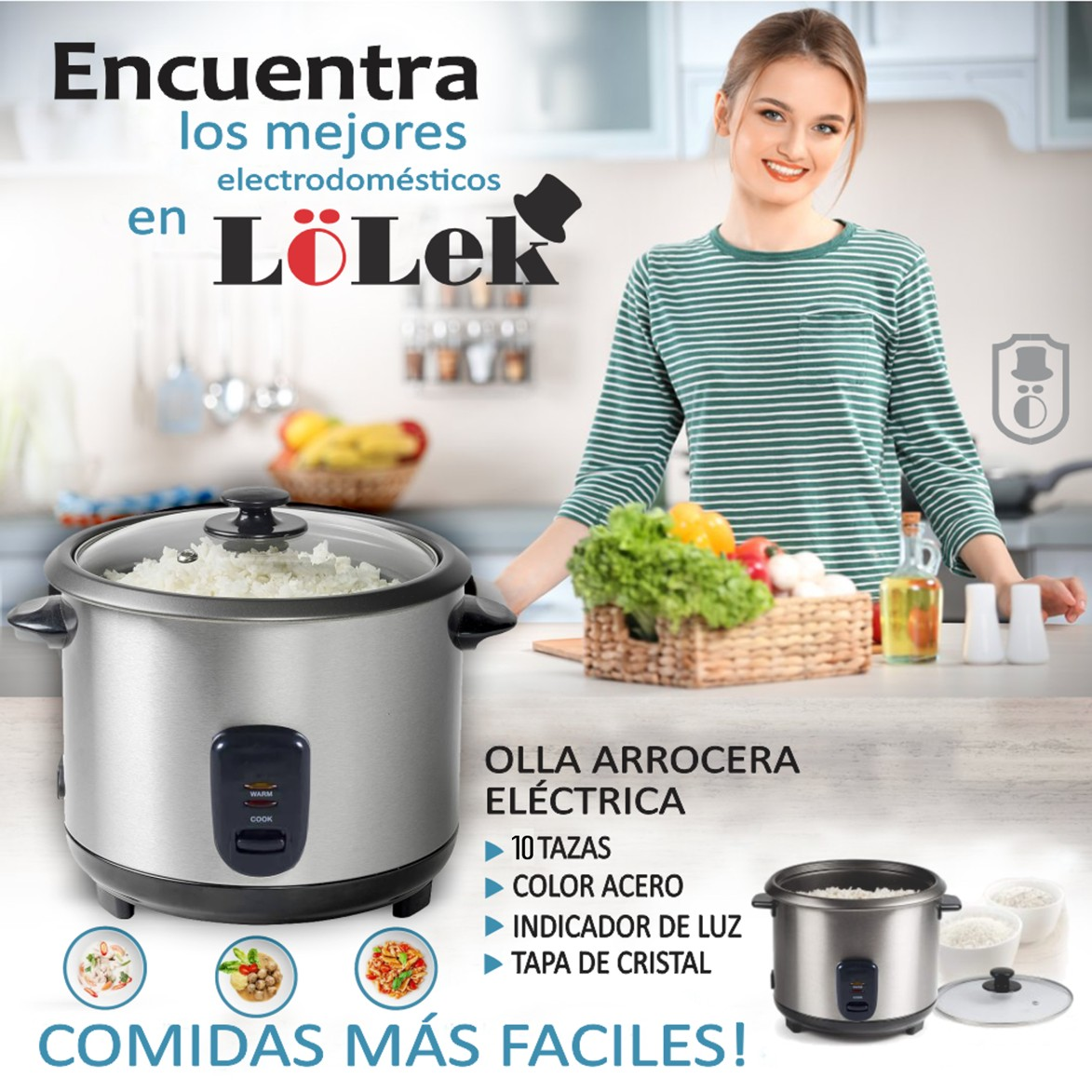 Mujer sonríe junto a una arrocera. Texto en español anuncia el producto y sus características.