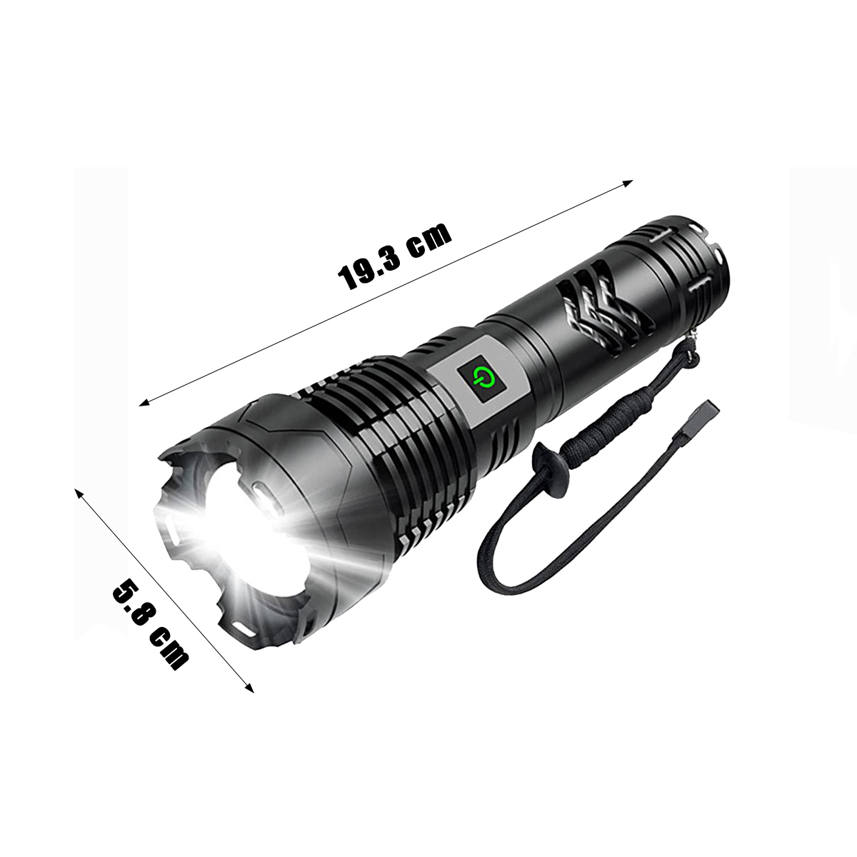 Eine schwarze Taschenlampe, die helles Licht aussendet. Abmessungen 19,3 cm x 5,8 cm sind beschriftet.