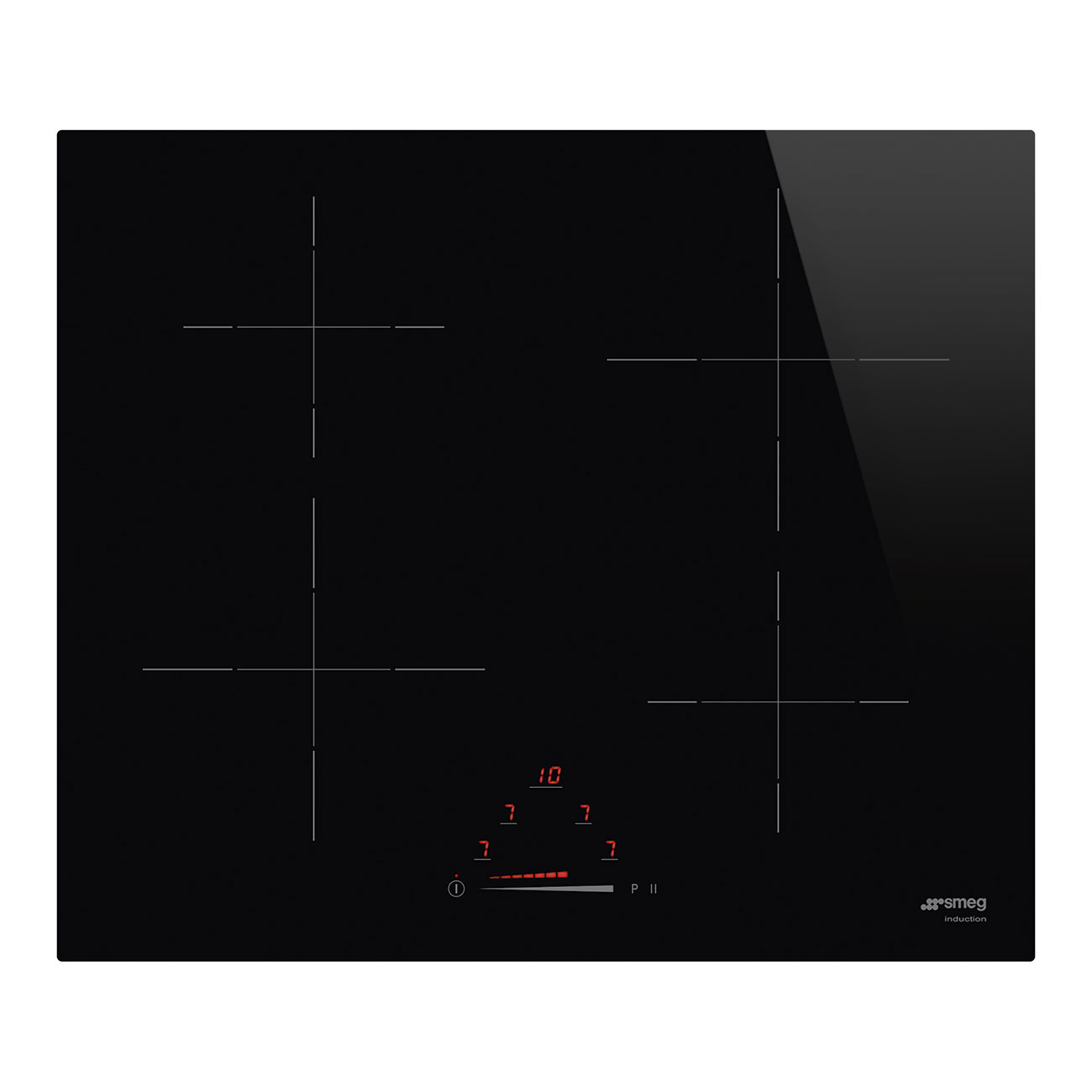 Piano cottura a induzione in vetro nero con quattro zone cottura e display digitale rosso.