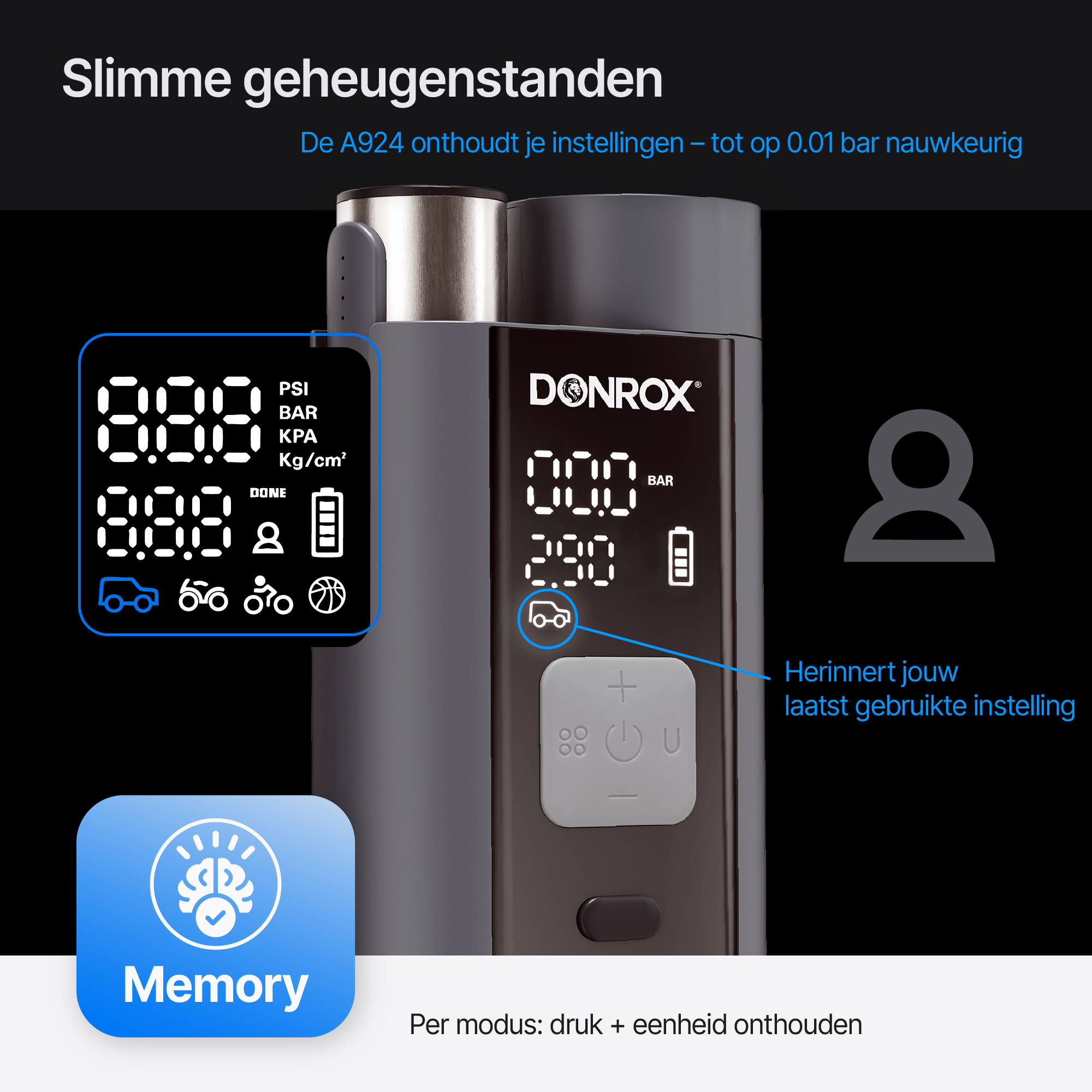 A black and grey device with a screen showing readings. Has a blue button and a memory icon.