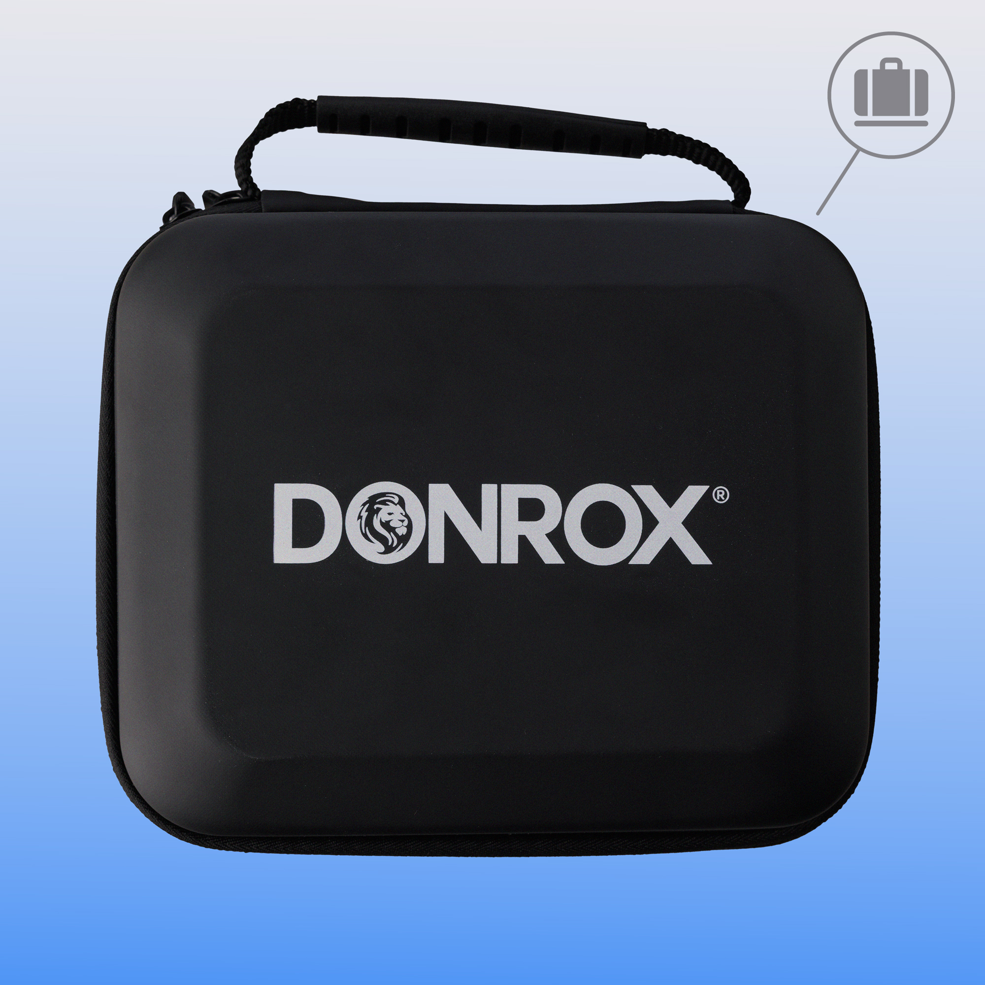 Black, rectangular travel case with white 'DONROX' logo and a carry handle. Blue gradient background.