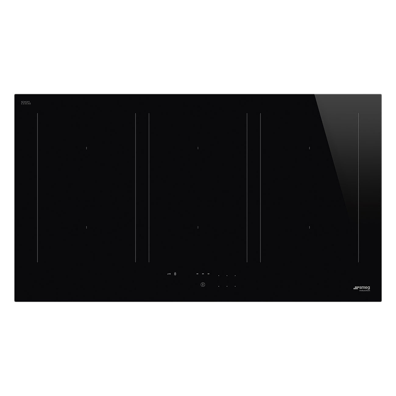 Piano cottura a induzione nero con cinque fuochi, segni bianchi e logo Smeg.