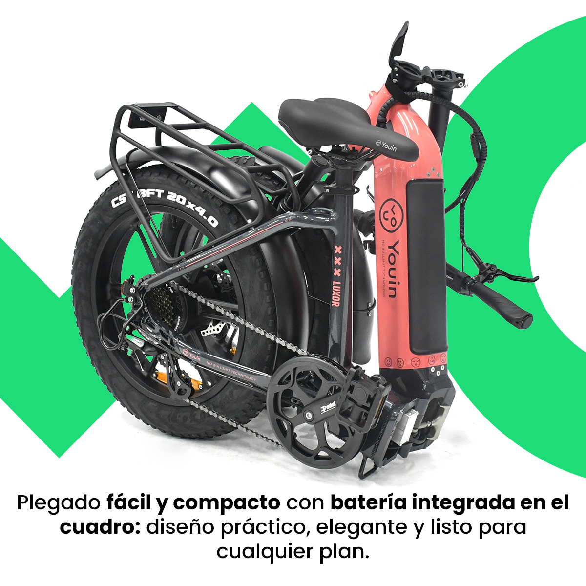 Bicicleta eléctrica roja plegada con marco negro, mostrando el diseño plegado, con texto en español.